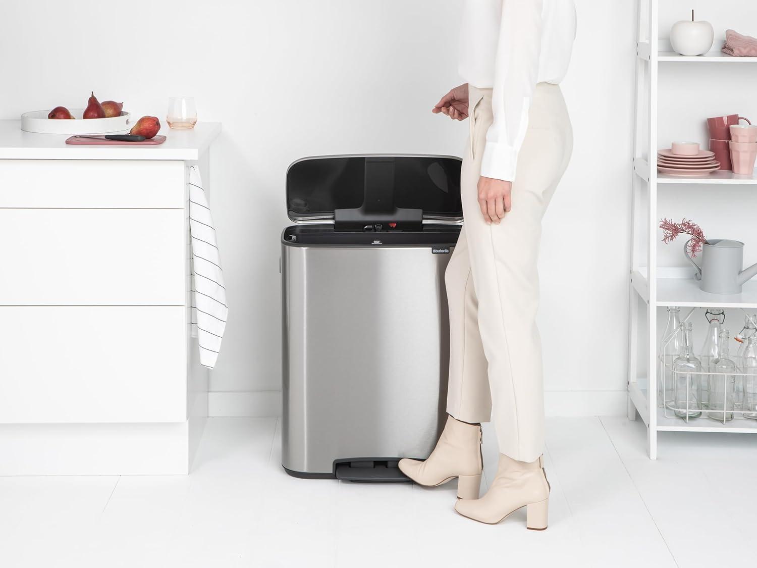 image:imageBrabantia Bo StepOn Kitchen Trash Can with Dual Compartments Matt Black 3 6 Gal Inner Buckets SoftClose Garbage Can Light Pedal Operation StayOpen Lid Fits Against Wall Trash BagsMatt Steel FPP