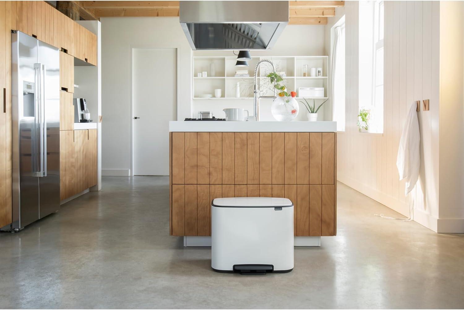 image:imageBrabantia Bo StepOn Kitchen Trash Can with Dual Compartments Matt Black 3 6 Gal Inner Buckets SoftClose Garbage Can Light Pedal Operation StayOpen Lid Fits Against Wall Trash BagsWhite