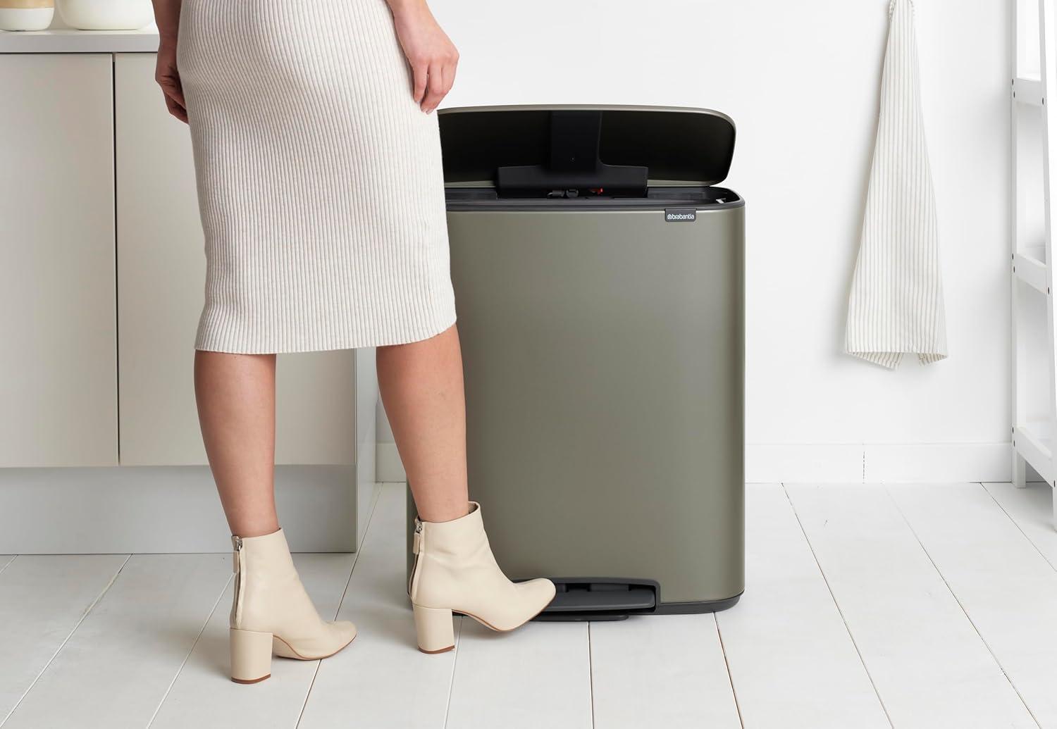 image:imageBrabantia Bo StepOn Kitchen Trash Can with Dual Compartments Matt Black 3 6 Gal Inner Buckets SoftClose Garbage Can Light Pedal Operation StayOpen Lid Fits Against Wall Trash BagsPlatinum