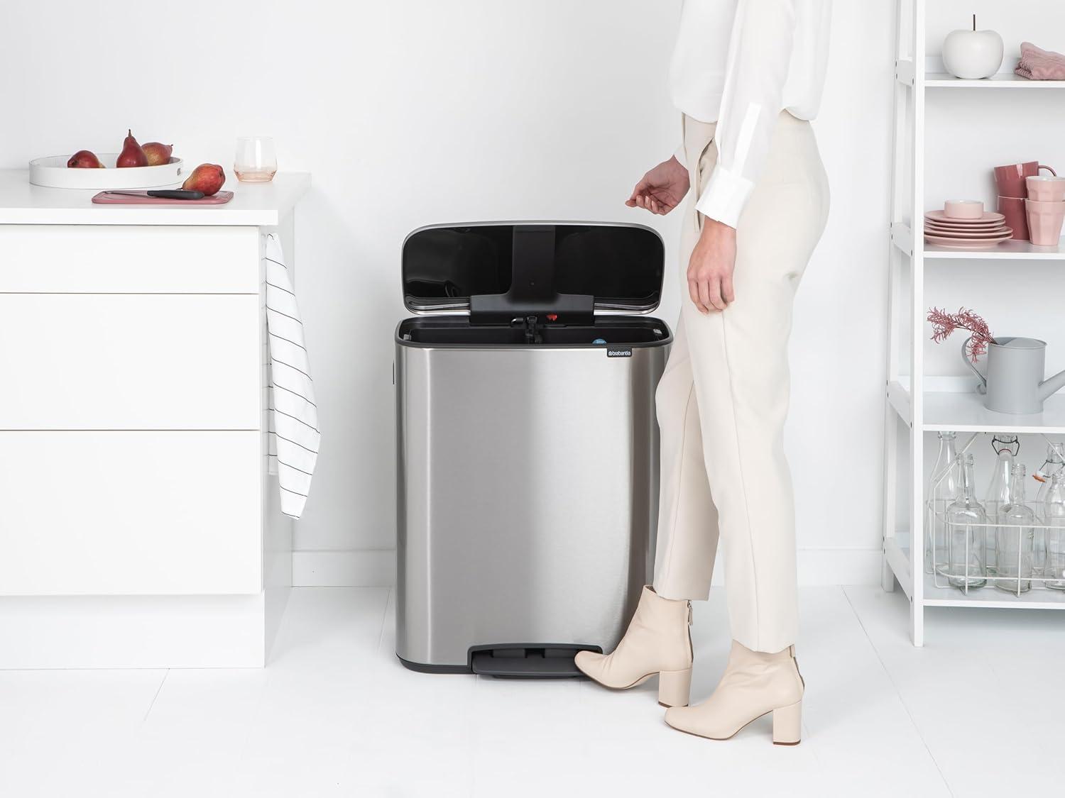 image:imageBrabantia Bo StepOn Kitchen Trash Can with Dual Compartments Matt Black 3 6 Gal Inner Buckets SoftClose Garbage Can Light Pedal Operation StayOpen Lid Fits Against Wall Trash BagsMatt Steel FPP