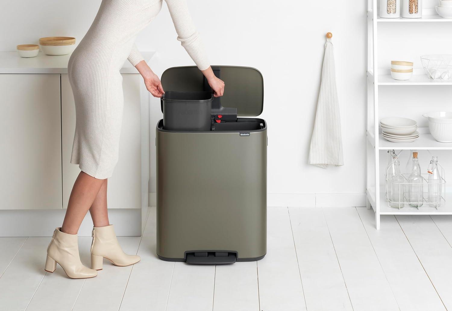 image:imageBrabantia Bo StepOn Kitchen Trash Can with Dual Compartments Matt Black 3 6 Gal Inner Buckets SoftClose Garbage Can Light Pedal Operation StayOpen Lid Fits Against Wall Trash BagsPlatinum