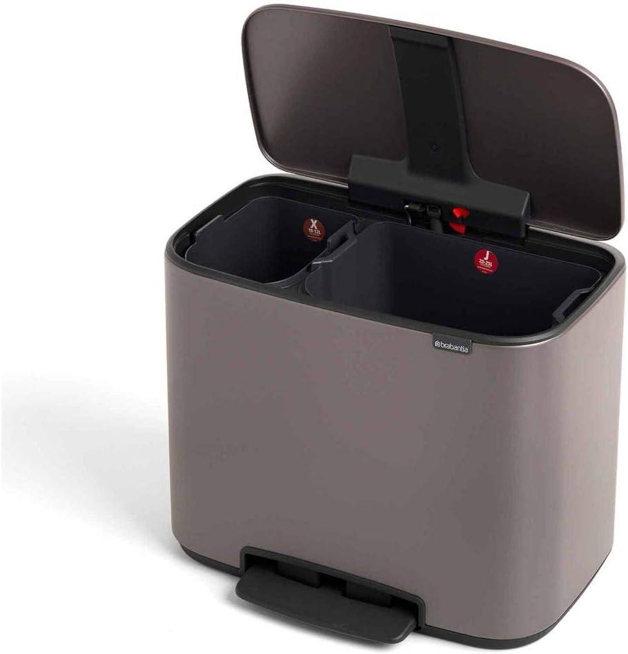 image:imageBrabantia Bo StepOn Kitchen Trash Can with Dual Compartments Matt Black 3 6 Gal Inner Buckets SoftClose Garbage Can Light Pedal Operation StayOpen Lid Fits Against Wall Trash BagsPlatinum