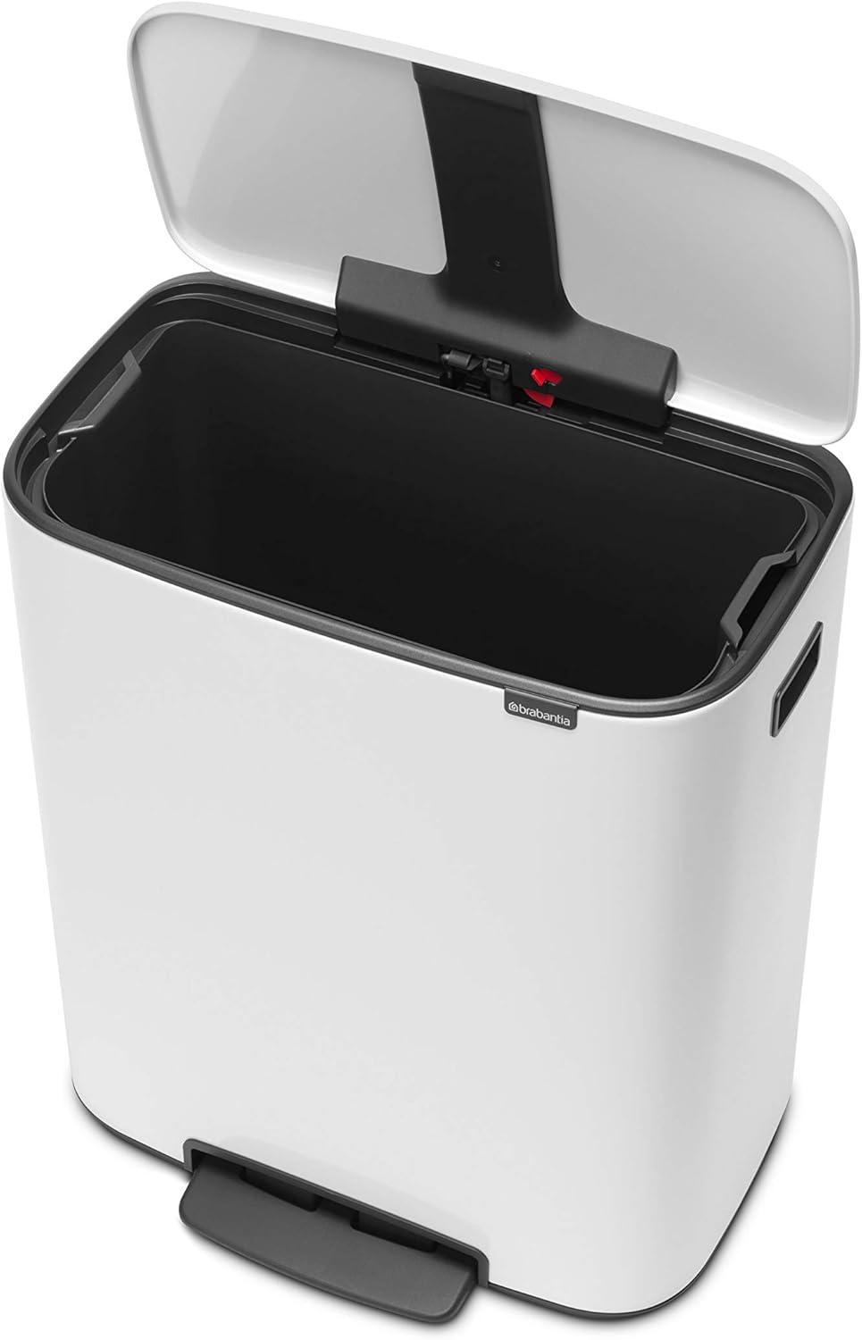 image:imageBrabantia Bo StepOn Kitchen Trash Can with Dual Compartments Matt Black 3 6 Gal Inner Buckets SoftClose Garbage Can Light Pedal Operation StayOpen Lid Fits Against Wall Trash BagsWhite
