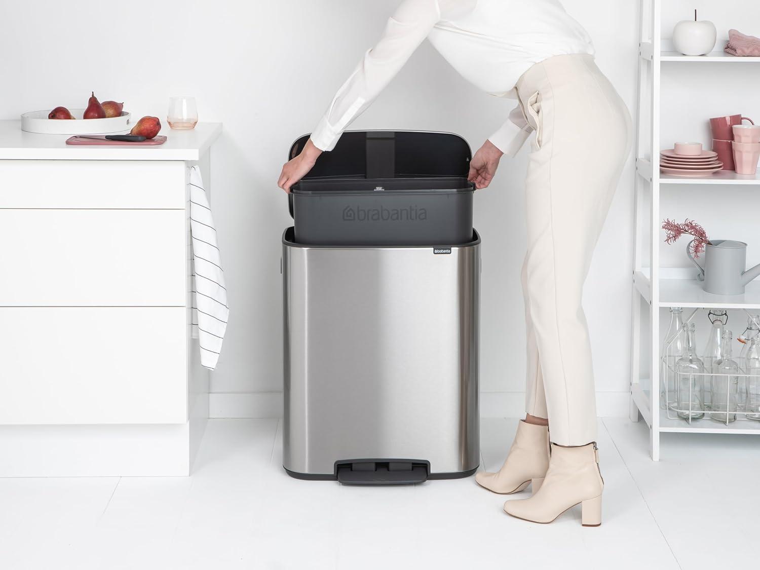 image:imageBrabantia Bo StepOn Kitchen Trash Can with Dual Compartments Matt Black 3 6 Gal Inner Buckets SoftClose Garbage Can Light Pedal Operation StayOpen Lid Fits Against Wall Trash BagsMatt Steel FPP