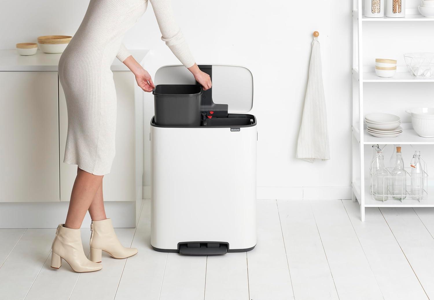 image:imageBrabantia Bo StepOn Kitchen Trash Can with Dual Compartments Matt Black 3 6 Gal Inner Buckets SoftClose Garbage Can Light Pedal Operation StayOpen Lid Fits Against Wall Trash BagsWhite