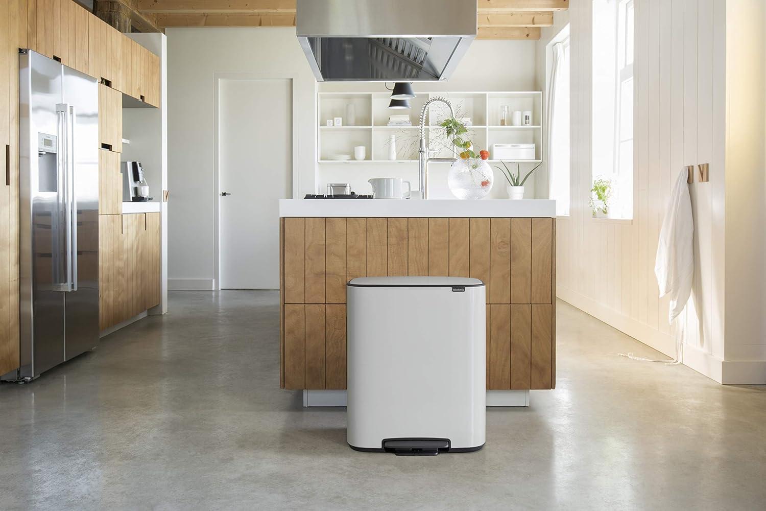 image:imageBrabantia Bo StepOn Kitchen Trash Can with Dual Compartments Matt Black 3 6 Gal Inner Buckets SoftClose Garbage Can Light Pedal Operation StayOpen Lid Fits Against Wall Trash BagsWhite