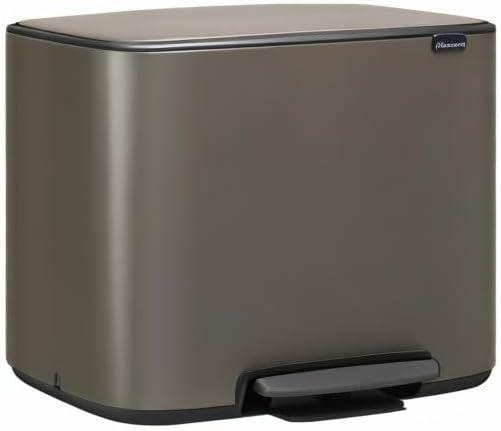 image:imageBrabantia Bo StepOn Kitchen Trash Can with Dual Compartments Matt Black 3 6 Gal Inner Buckets SoftClose Garbage Can Light Pedal Operation StayOpen Lid Fits Against Wall Trash BagsPlatinum