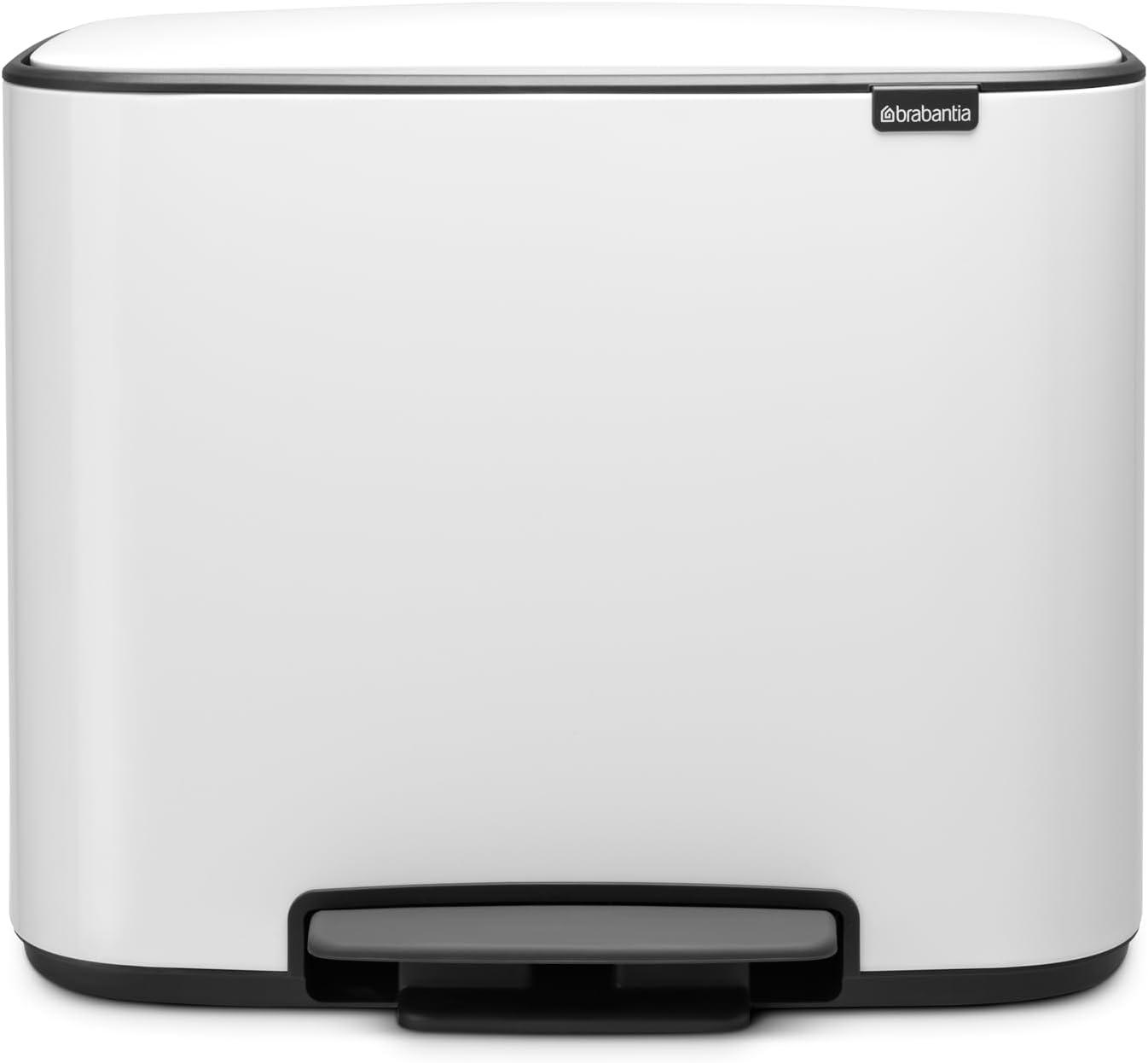 image:imageBrabantia Bo StepOn Kitchen Trash Can with Dual Compartments Matt Black 3 6 Gal Inner Buckets SoftClose Garbage Can Light Pedal Operation StayOpen Lid Fits Against Wall Trash BagsWhite