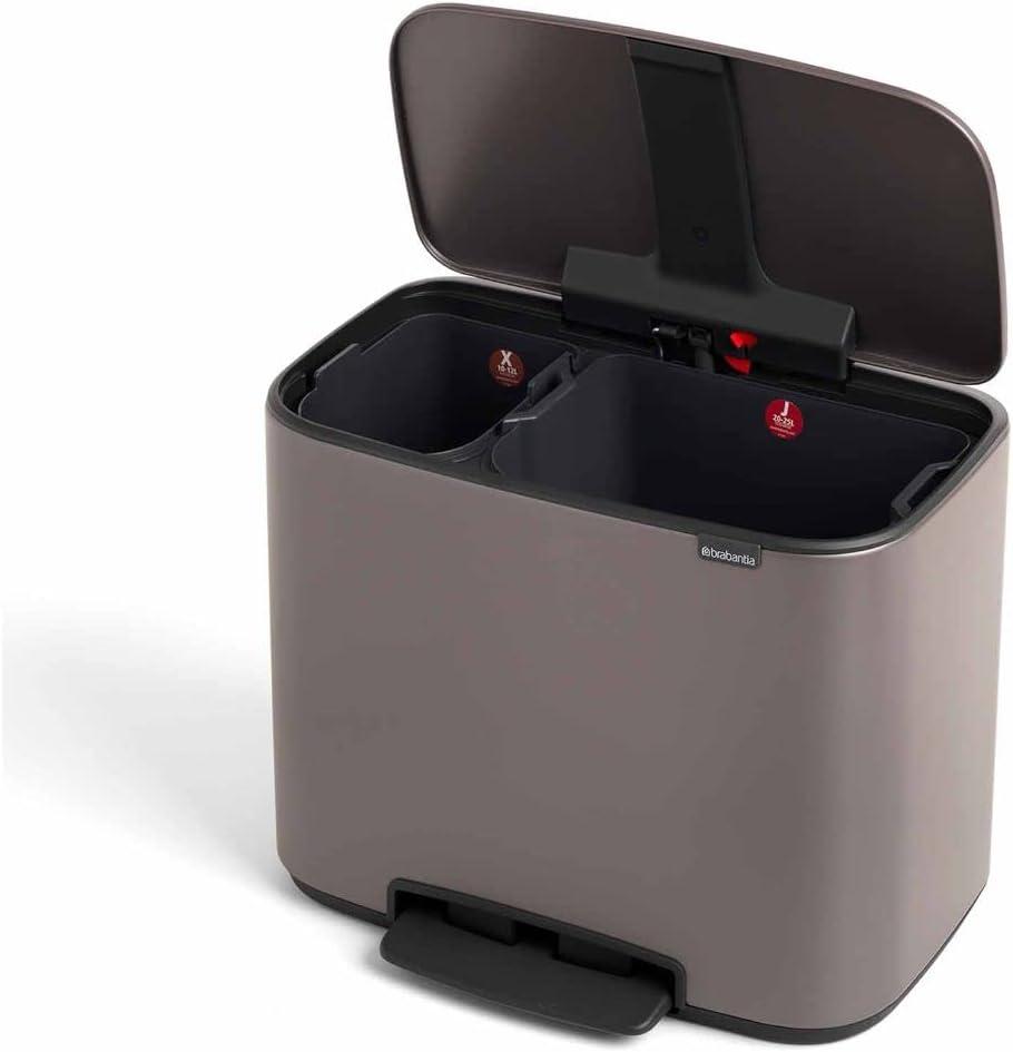image:imageBrabantia Bo StepOn Kitchen Trash Can with Dual Compartments Matt Black 3 6 Gal Inner Buckets SoftClose Garbage Can Light Pedal Operation StayOpen Lid Fits Against Wall Trash BagsPlatinum