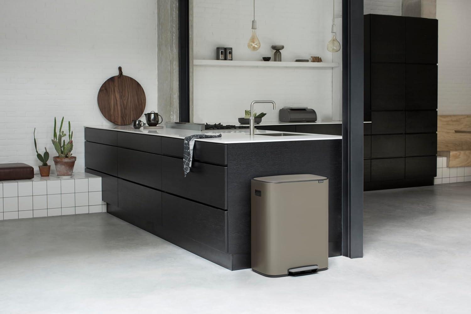 image:imageBrabantia Bo StepOn Kitchen Trash Can with Dual Compartments Matt Black 3 6 Gal Inner Buckets SoftClose Garbage Can Light Pedal Operation StayOpen Lid Fits Against Wall Trash BagsPlatinum