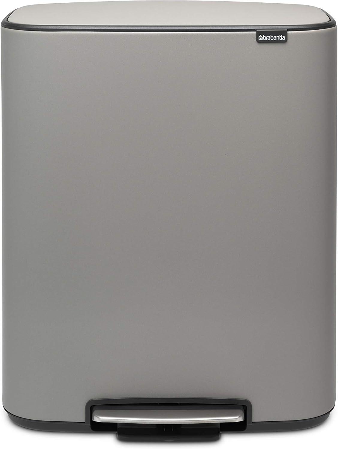 image:imageBrabantia Bo StepOn Kitchen Trash Can with Dual Compartments Matt Black 3 6 Gal Inner Buckets SoftClose Garbage Can Light Pedal Operation StayOpen Lid Fits Against Wall Trash BagsMineral Concrete Gray