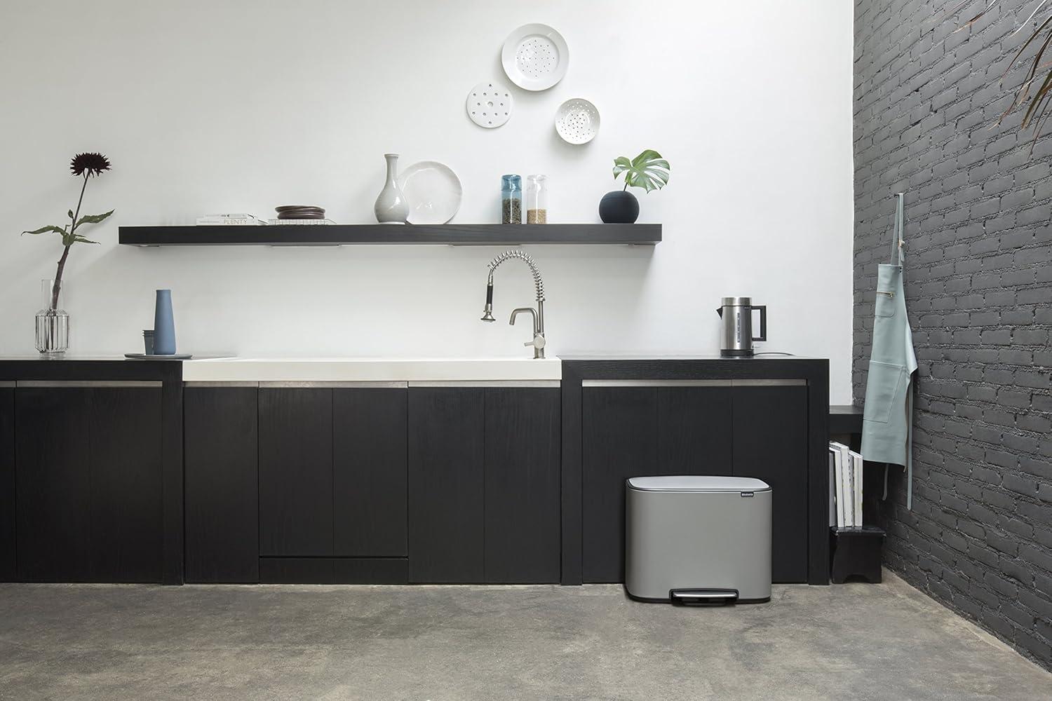image:imageBrabantia Bo StepOn Kitchen Trash Can with Dual Compartments Matt Black 3 6 Gal Inner Buckets SoftClose Garbage Can Light Pedal Operation StayOpen Lid Fits Against Wall Trash BagsMineral Concrete Gray