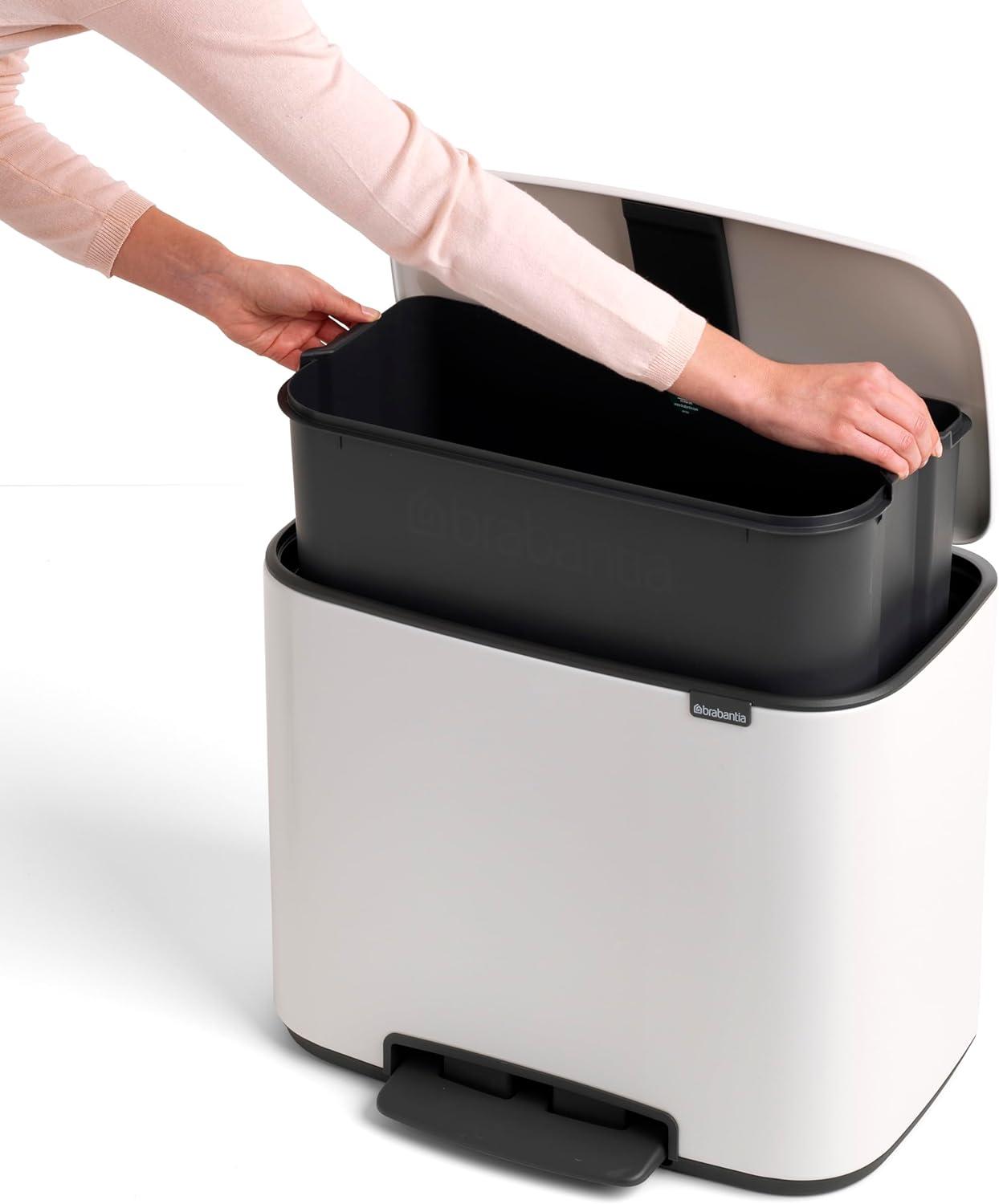 image:imageBrabantia Bo StepOn Kitchen Trash Can with Dual Compartments Matt Black 3 6 Gal Inner Buckets SoftClose Garbage Can Light Pedal Operation StayOpen Lid Fits Against Wall Trash BagsWhite