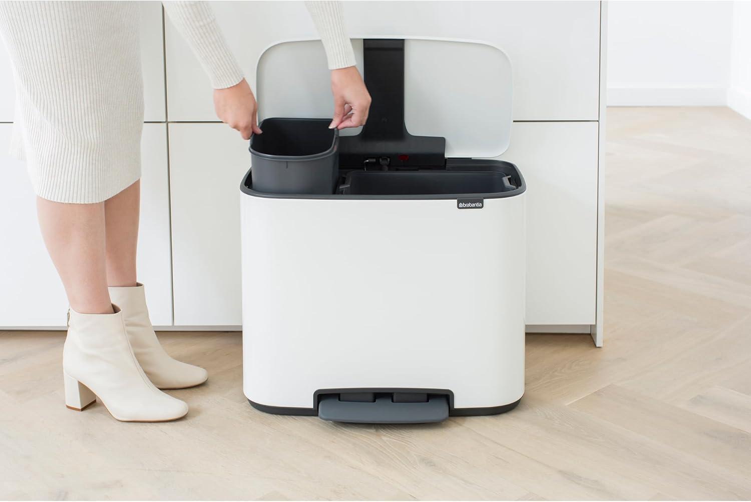 image:imageBrabantia Bo StepOn Kitchen Trash Can with Dual Compartments Matt Black 3 6 Gal Inner Buckets SoftClose Garbage Can Light Pedal Operation StayOpen Lid Fits Against Wall Trash BagsWhite