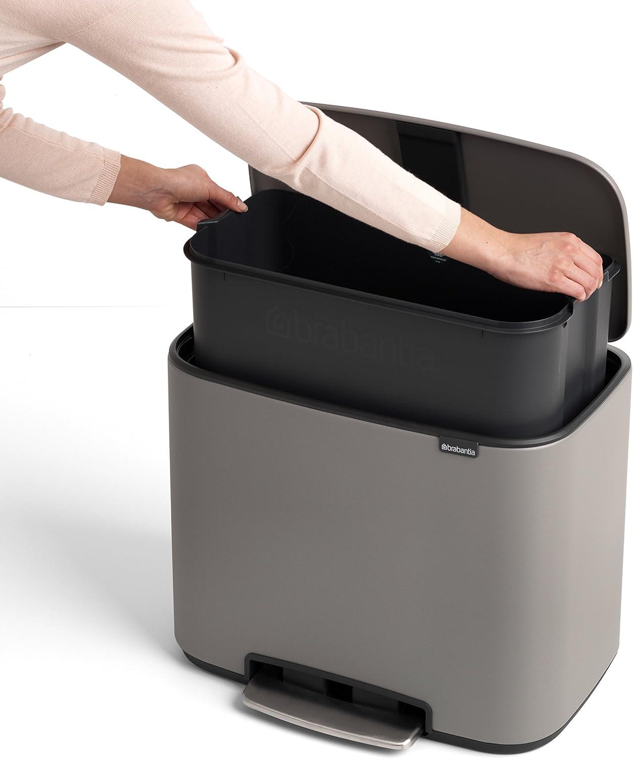 image:imageBrabantia Bo StepOn Kitchen Trash Can with Dual Compartments Matt Black 3 6 Gal Inner Buckets SoftClose Garbage Can Light Pedal Operation StayOpen Lid Fits Against Wall Trash BagsMineral Concrete Gray