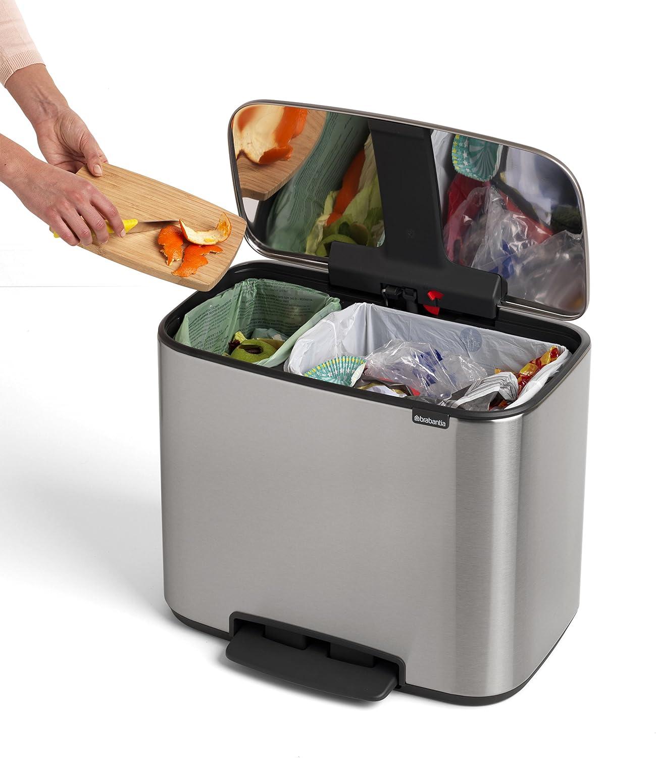 image:imageBrabantia Bo StepOn Kitchen Trash Can with Dual Compartments Matt Black 3 6 Gal Inner Buckets SoftClose Garbage Can Light Pedal Operation StayOpen Lid Fits Against Wall Trash BagsMatt Steel FPP