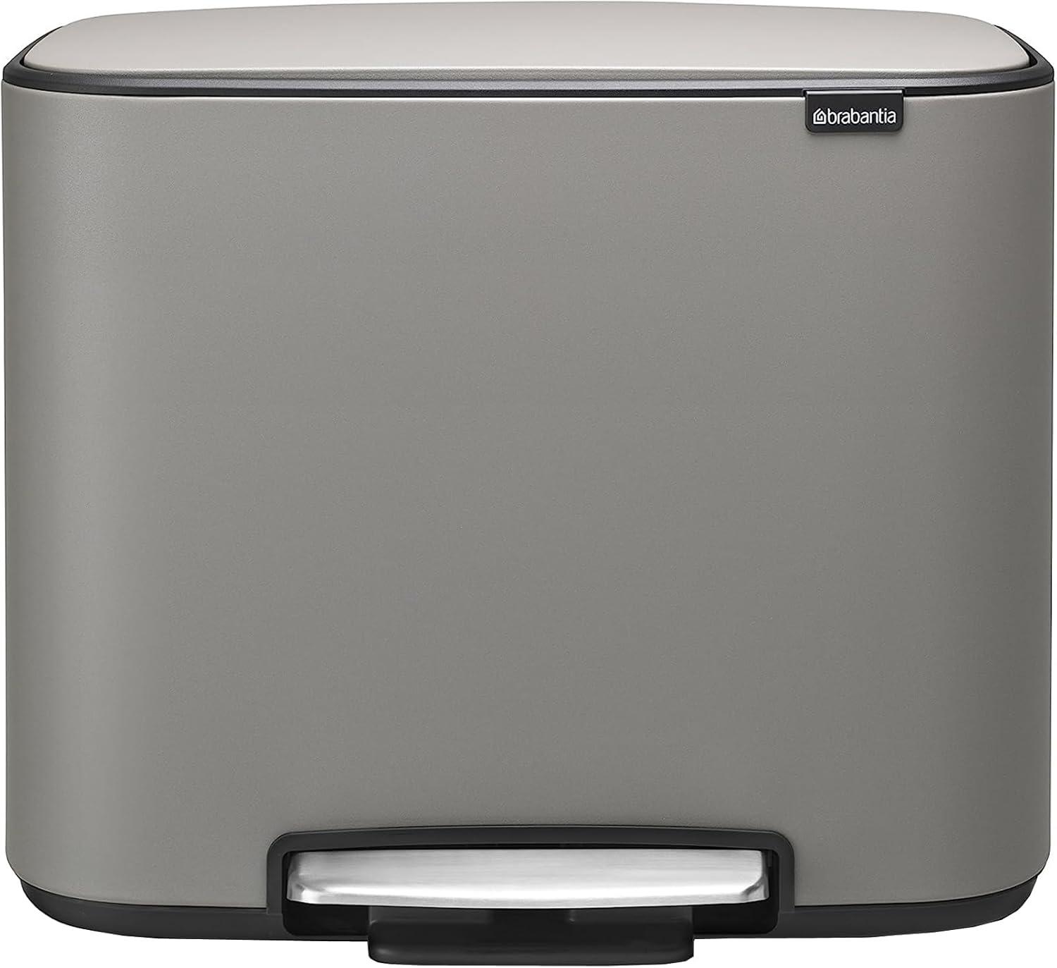 image:imageBrabantia Bo StepOn Kitchen Trash Can with Dual Compartments Matt Black 3 6 Gal Inner Buckets SoftClose Garbage Can Light Pedal Operation StayOpen Lid Fits Against Wall Trash BagsMineral Concrete Gray