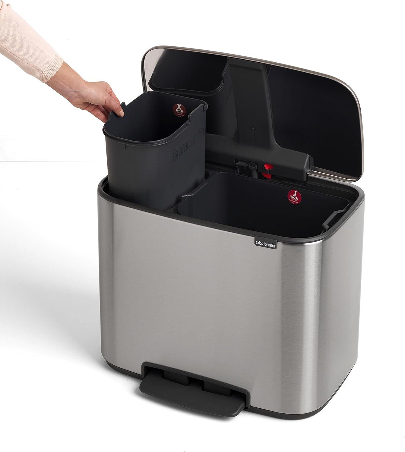 image:imageBrabantia Bo StepOn Kitchen Trash Can with Dual Compartments Matt Black 3 6 Gal Inner Buckets SoftClose Garbage Can Light Pedal Operation StayOpen Lid Fits Against Wall Trash BagsMatt Steel FPP