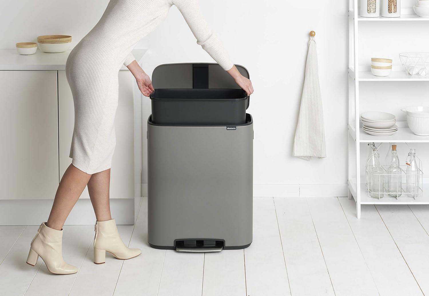 image:imageBrabantia Bo StepOn Kitchen Trash Can with Dual Compartments Matt Black 3 6 Gal Inner Buckets SoftClose Garbage Can Light Pedal Operation StayOpen Lid Fits Against Wall Trash BagsMineral Concrete Gray