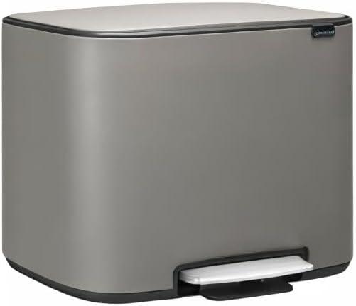 image:imageBrabantia Bo StepOn Kitchen Trash Can with Dual Compartments Matt Black 3 6 Gal Inner Buckets SoftClose Garbage Can Light Pedal Operation StayOpen Lid Fits Against Wall Trash BagsMineral Concrete Gray
