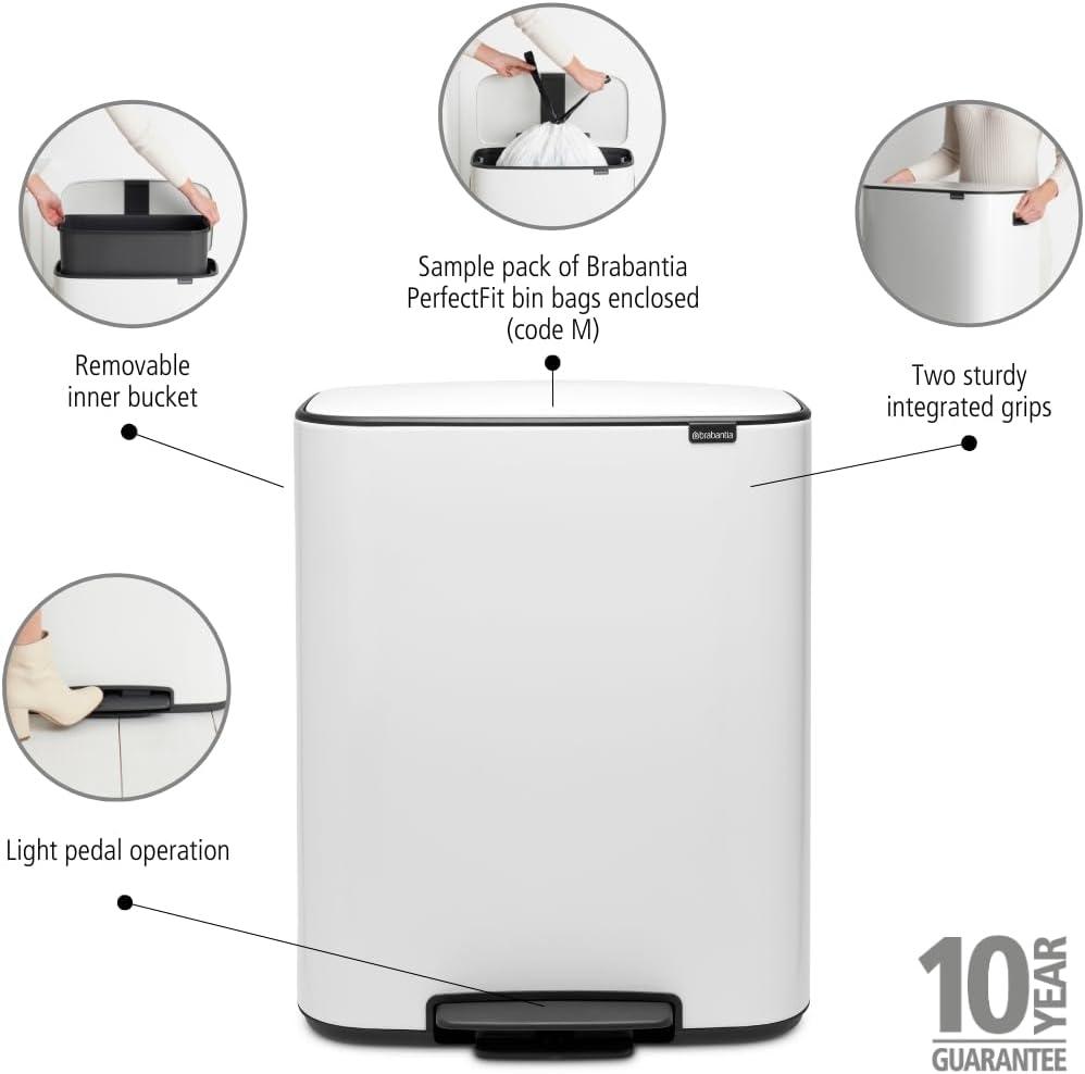 image:imageBrabantia Bo StepOn Kitchen Trash Can with Dual Compartments Matt Black 3 6 Gal Inner Buckets SoftClose Garbage Can Light Pedal Operation StayOpen Lid Fits Against Wall Trash BagsWhite