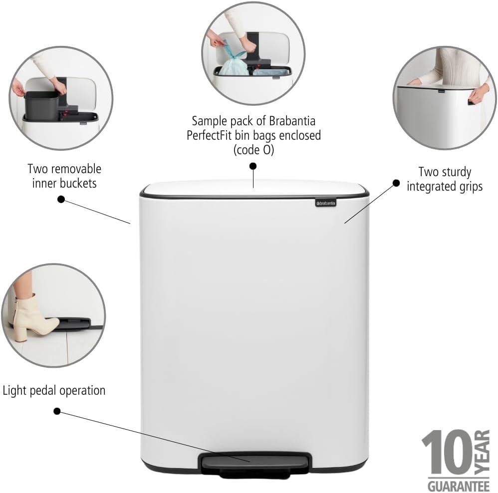 image:imageBrabantia Bo StepOn Kitchen Trash Can with Dual Compartments Matt Black 3 6 Gal Inner Buckets SoftClose Garbage Can Light Pedal Operation StayOpen Lid Fits Against Wall Trash BagsWhite