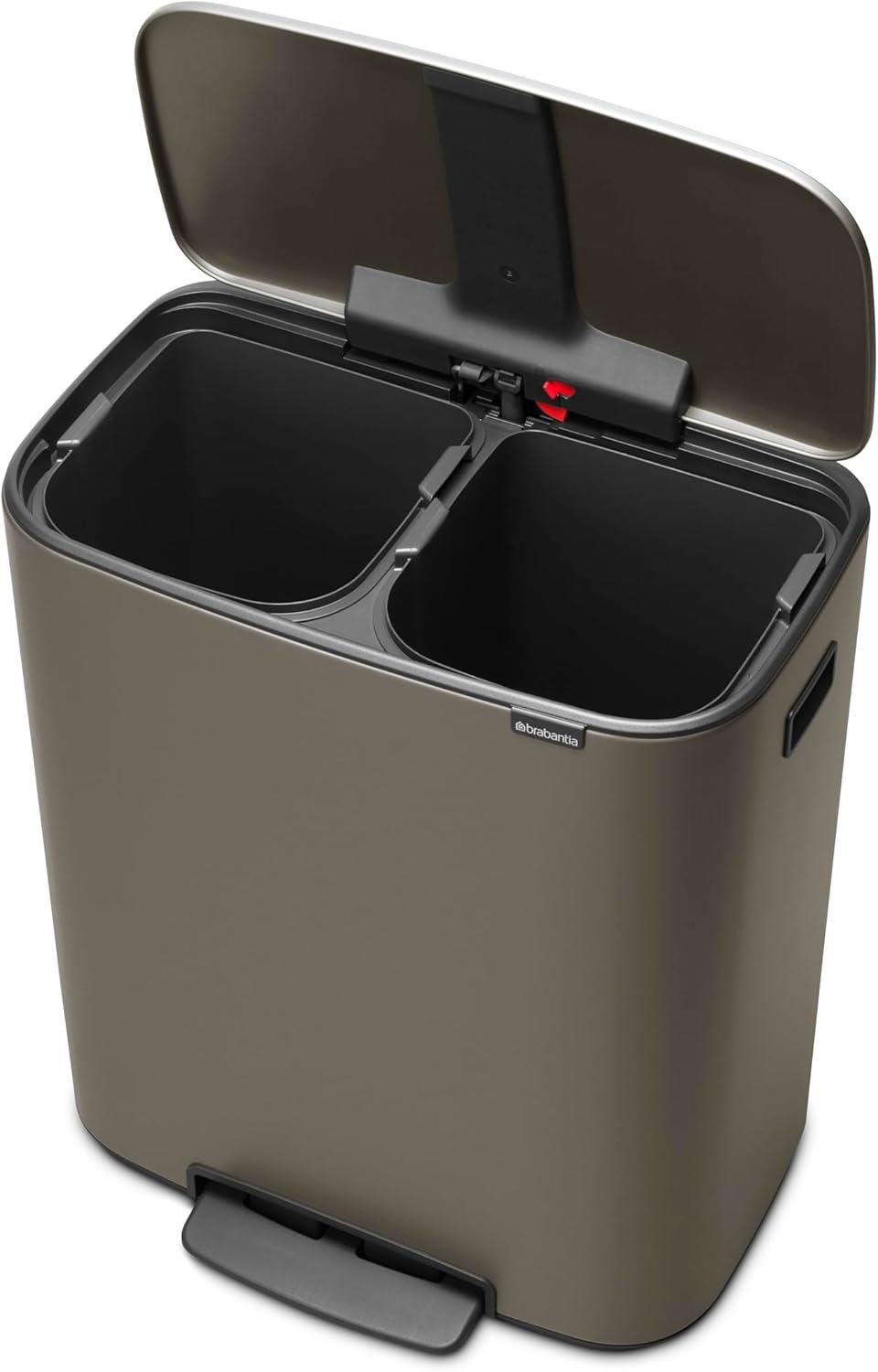 image:imageBrabantia Bo StepOn Kitchen Trash Can with Dual Compartments Matt Black 3 6 Gal Inner Buckets SoftClose Garbage Can Light Pedal Operation StayOpen Lid Fits Against Wall Trash BagsPlatinum