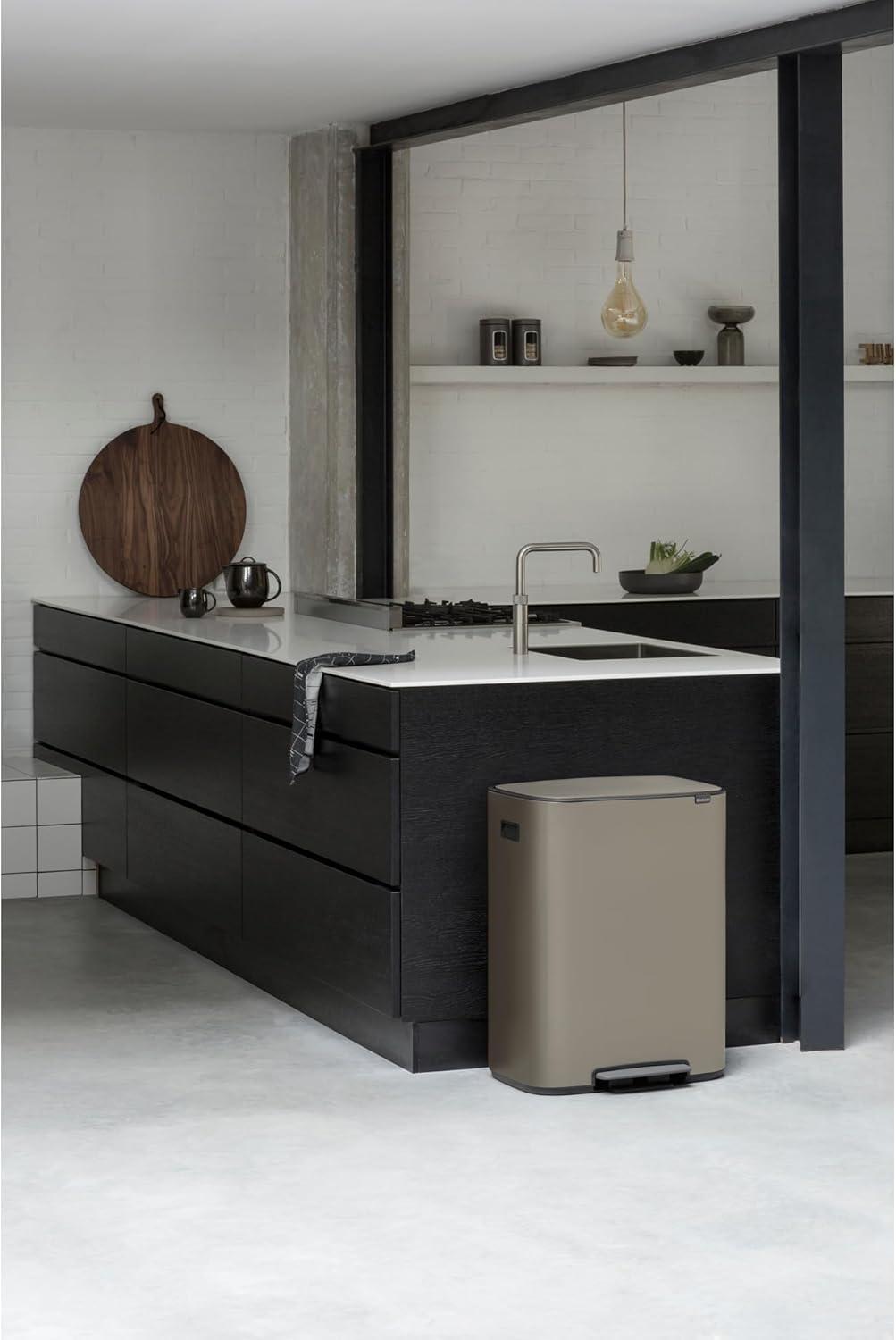 image:imageBrabantia Bo StepOn Kitchen Trash Can with Dual Compartments Matt Black 3 6 Gal Inner Buckets SoftClose Garbage Can Light Pedal Operation StayOpen Lid Fits Against Wall Trash BagsPlatinum