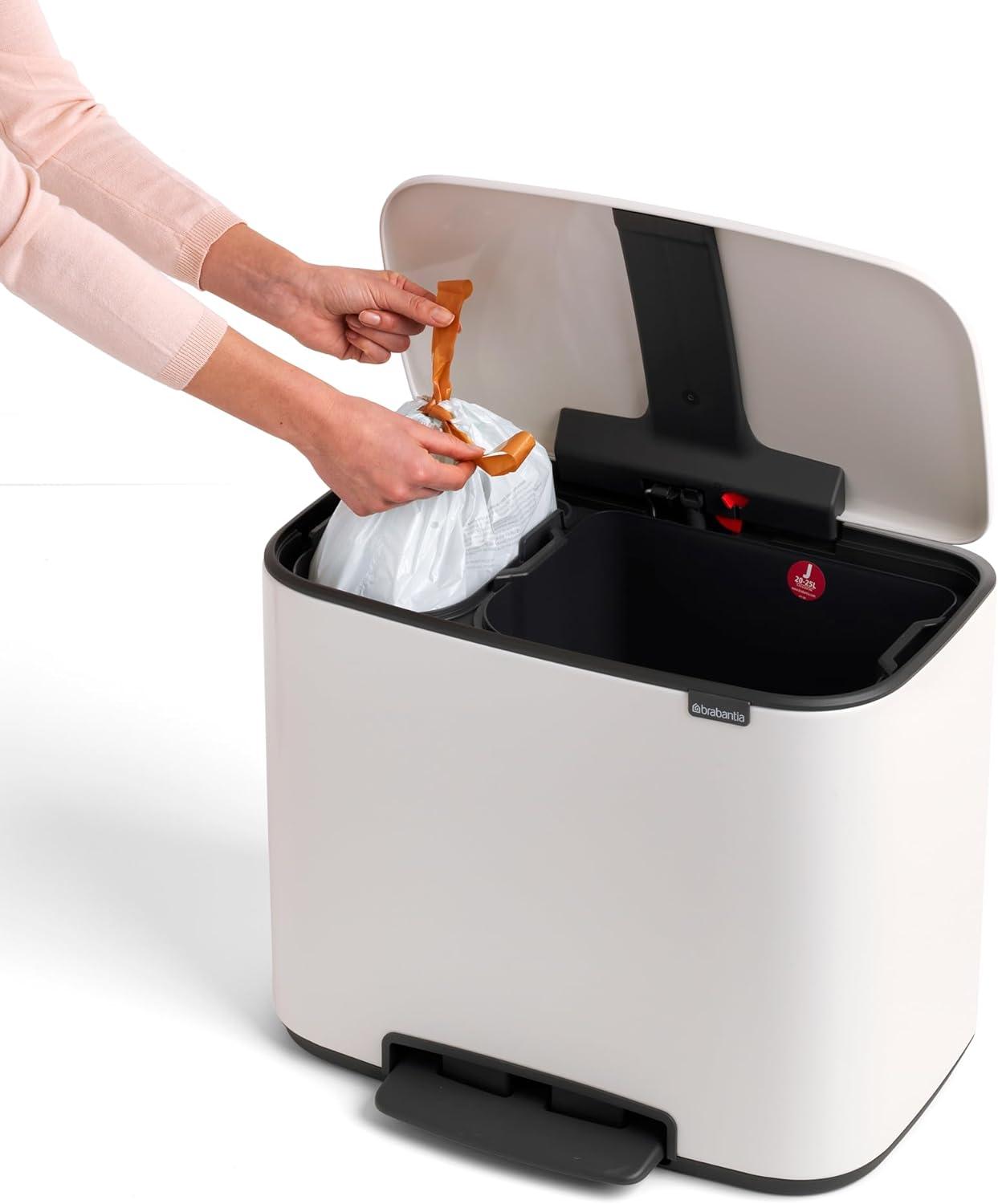 image:imageBrabantia Bo StepOn Kitchen Trash Can with Dual Compartments Matt Black 3 6 Gal Inner Buckets SoftClose Garbage Can Light Pedal Operation StayOpen Lid Fits Against Wall Trash BagsWhite