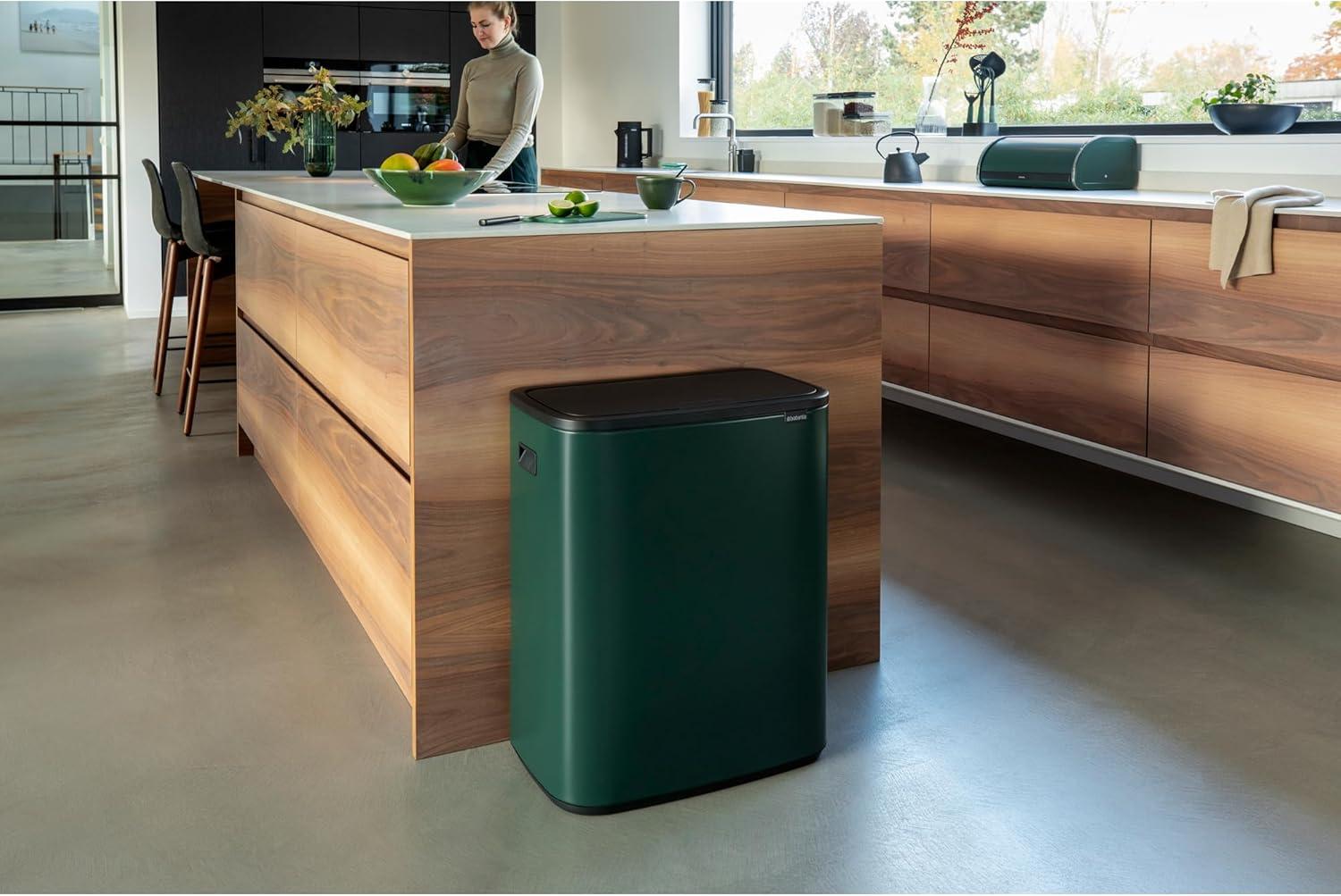 image:imageBrabantia Bo Touch Top Kitchen Trash Can with Single Compartment Mineral Gray 16 Gal Inner Bucket SoftClose Garbage Can Light Touch Opening StayOpen Lid Fits Against Wall Trash BagsPine Green