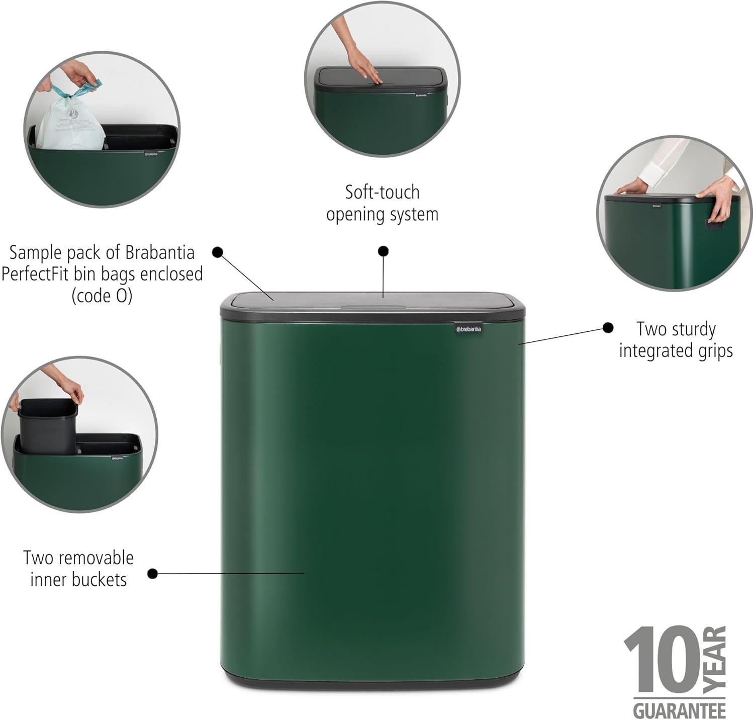 image:imageBrabantia Bo Touch Top Kitchen Trash Can with Single Compartment Mineral Gray 16 Gal Inner Bucket SoftClose Garbage Can Light Touch Opening StayOpen Lid Fits Against Wall Trash BagsPine Green