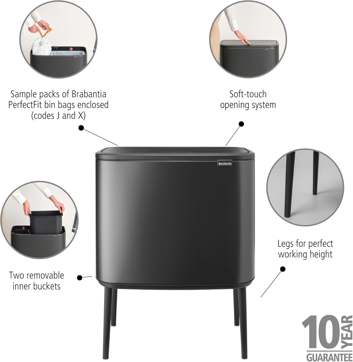 image:imageBrabantia Bo Touch Top Kitchen Trash Can with Single Compartment Mineral Gray 16 Gal Inner Bucket SoftClose Garbage Can Light Touch Opening StayOpen Lid Fits Against Wall Trash BagsConfident Gray