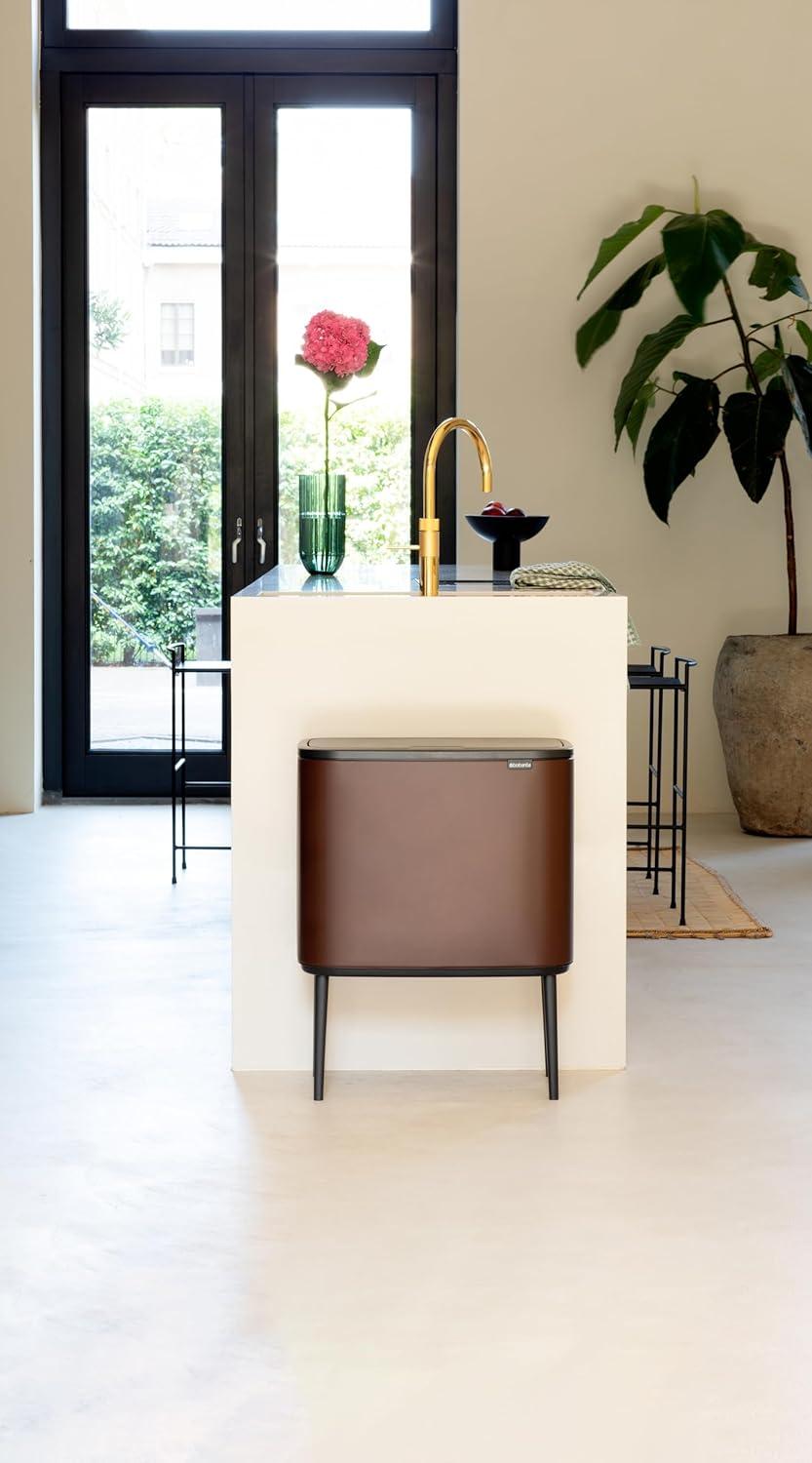 image:imageBrabantia Bo Touch Top Kitchen Trash Can with Single Compartment Mineral Gray 16 Gal Inner Bucket SoftClose Garbage Can Light Touch Opening StayOpen Lid Fits Against Wall Trash BagsMineral Cosy Brown