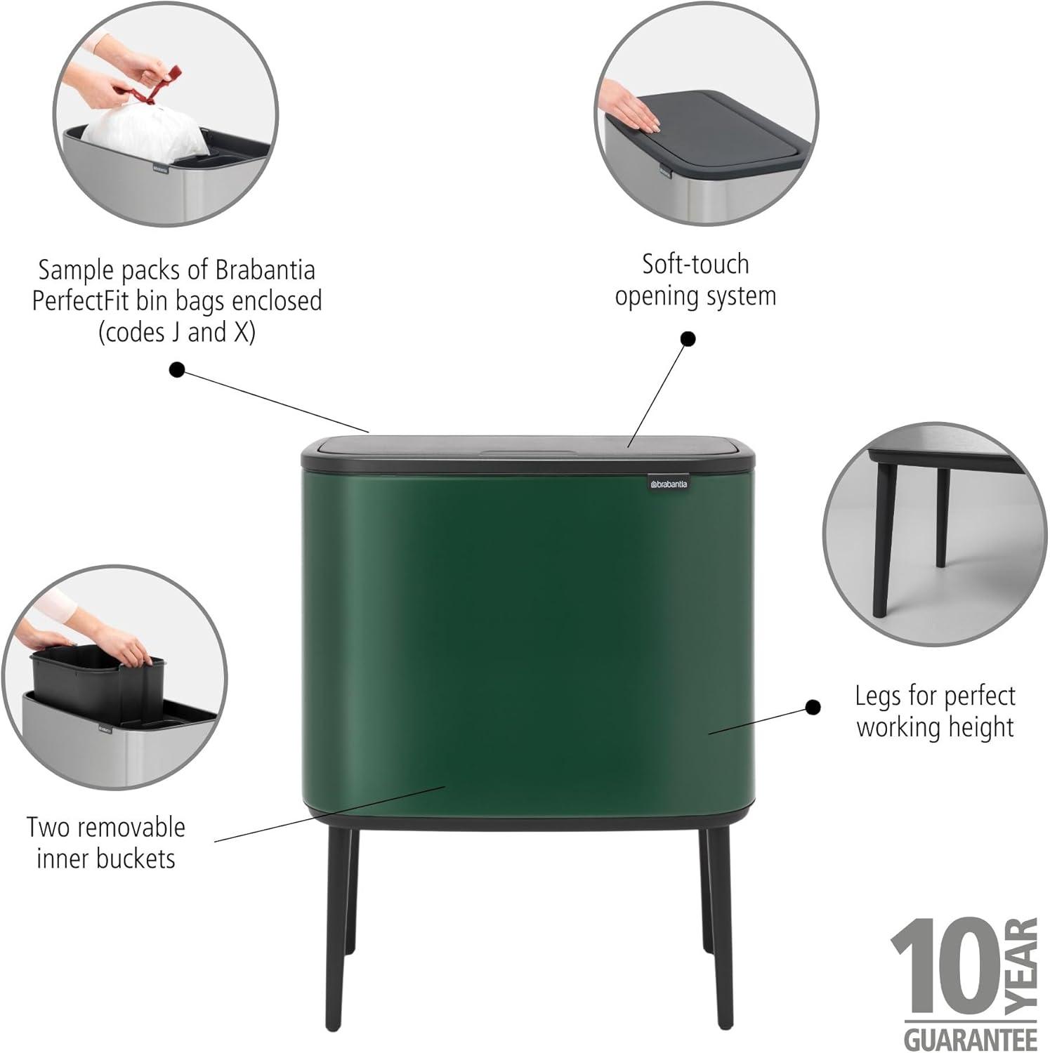 image:imageBrabantia Bo Touch Top Kitchen Trash Can with Single Compartment Mineral Gray 16 Gal Inner Bucket SoftClose Garbage Can Light Touch Opening StayOpen Lid Fits Against Wall Trash BagsPine Green