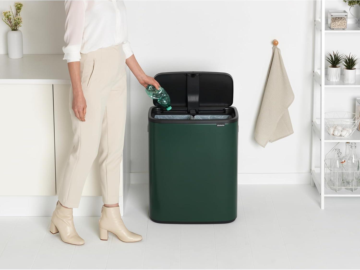 image:imageBrabantia Bo Touch Top Kitchen Trash Can with Single Compartment Mineral Gray 16 Gal Inner Bucket SoftClose Garbage Can Light Touch Opening StayOpen Lid Fits Against Wall Trash BagsPine Green