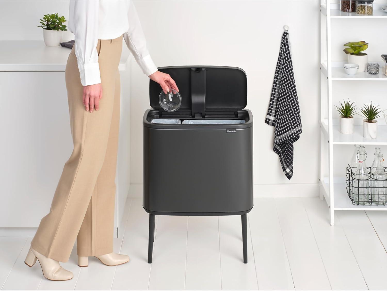 image:imageBrabantia Bo Touch Top Kitchen Trash Can with Single Compartment Mineral Gray 16 Gal Inner Bucket SoftClose Garbage Can Light Touch Opening StayOpen Lid Fits Against Wall Trash BagsConfident Gray
