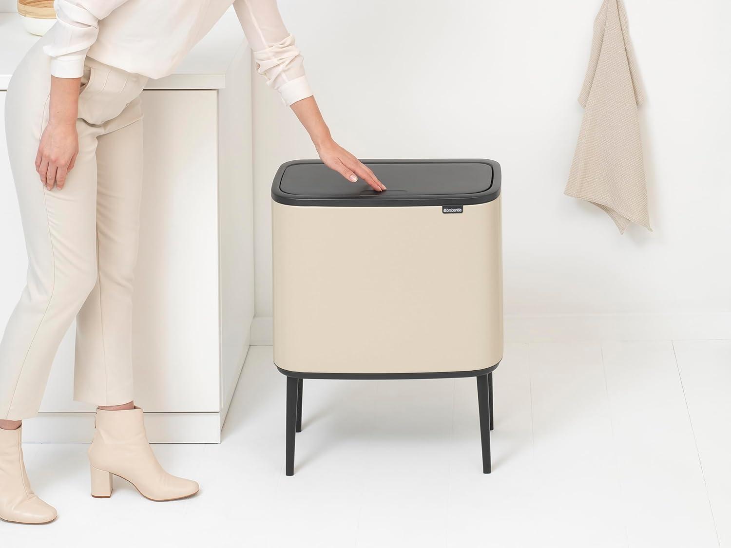 image:imageBrabantia Bo Touch Top Kitchen Trash Can with Single Compartment Mineral Gray 16 Gal Inner Bucket SoftClose Garbage Can Light Touch Opening StayOpen Lid Fits Against Wall Trash BagsSoft Beige