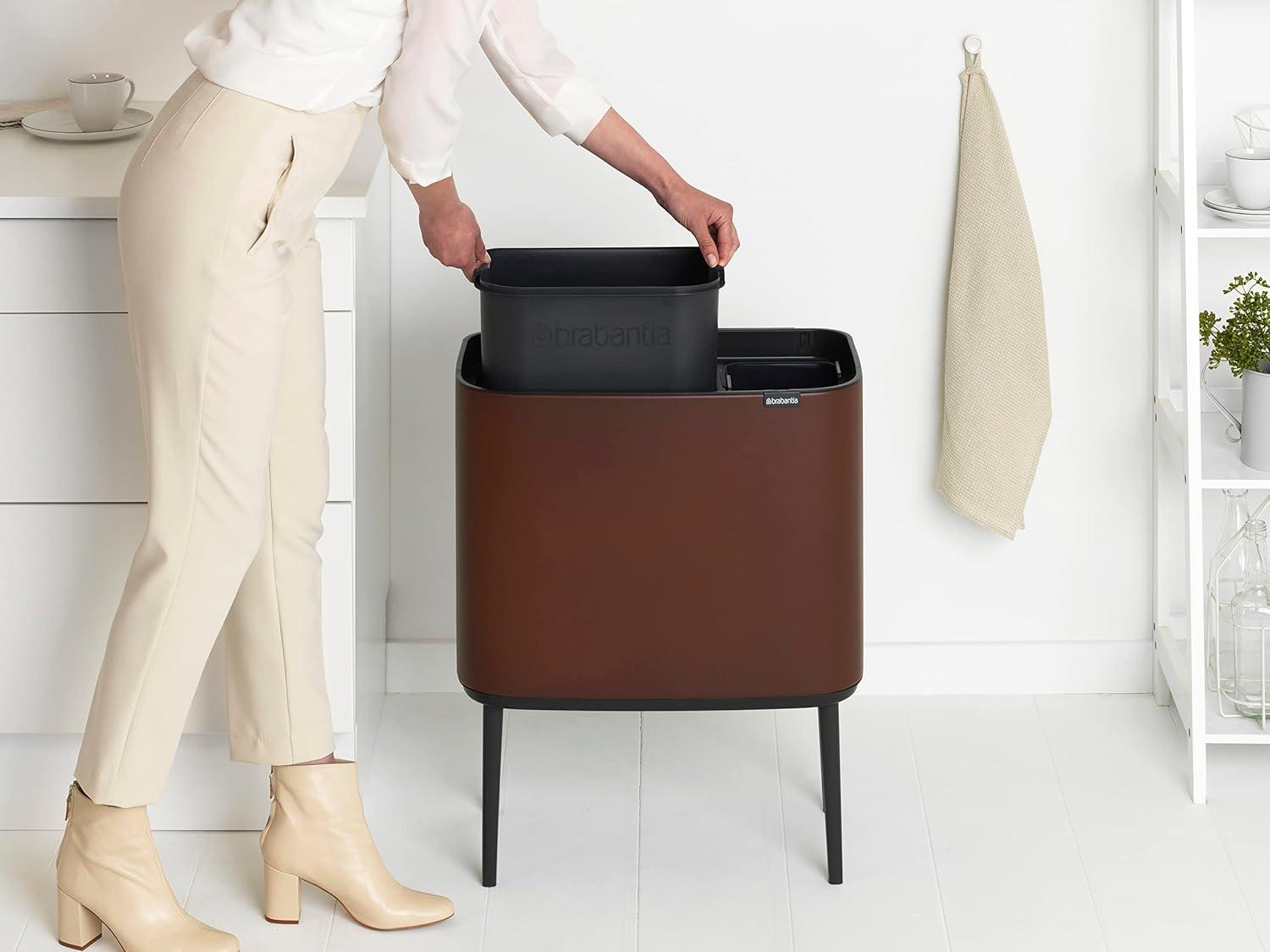 image:imageBrabantia Bo Touch Top Kitchen Trash Can with Single Compartment Mineral Gray 16 Gal Inner Bucket SoftClose Garbage Can Light Touch Opening StayOpen Lid Fits Against Wall Trash BagsMineral Cosy Brown