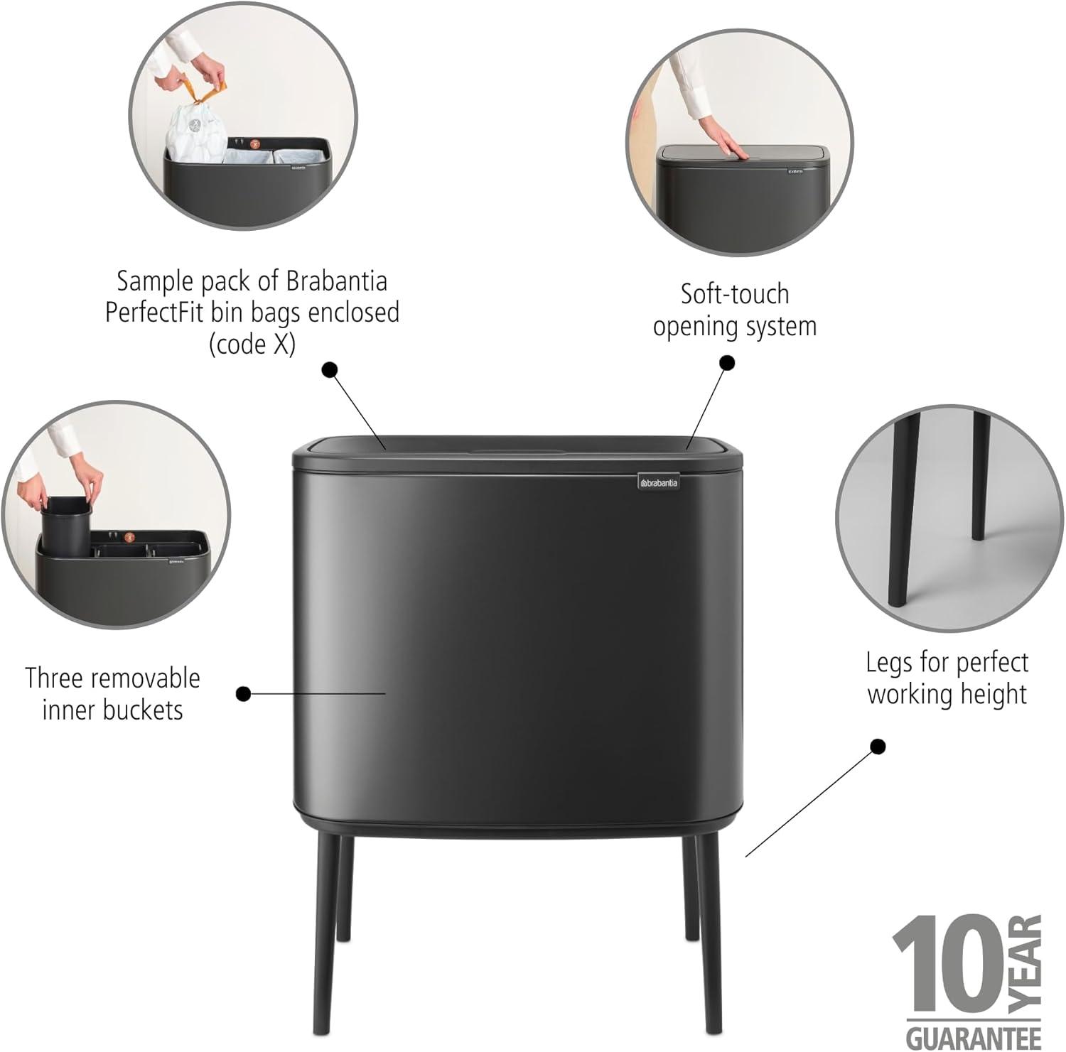 image:imageBrabantia Bo Touch Top Kitchen Trash Can with Single Compartment Mineral Gray 16 Gal Inner Bucket SoftClose Garbage Can Light Touch Opening StayOpen Lid Fits Against Wall Trash BagsConfident Gray