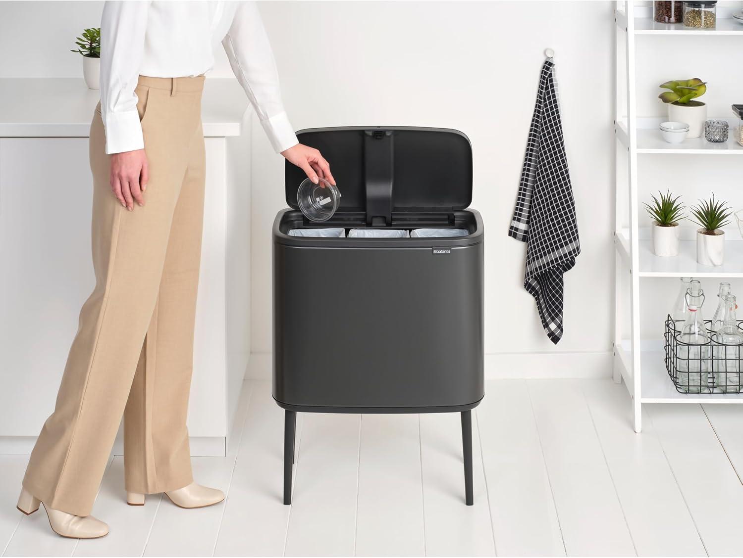 image:imageBrabantia Bo Touch Top Kitchen Trash Can with Single Compartment Mineral Gray 16 Gal Inner Bucket SoftClose Garbage Can Light Touch Opening StayOpen Lid Fits Against Wall Trash BagsConfident Gray