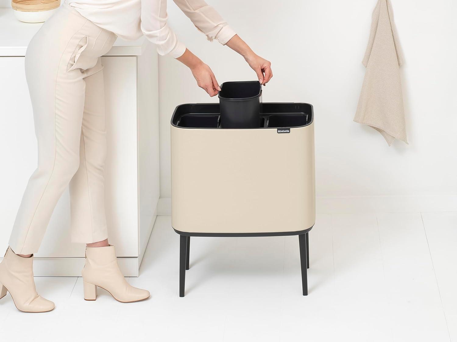 image:imageBrabantia Bo Touch Top Kitchen Trash Can with Single Compartment Mineral Gray 16 Gal Inner Bucket SoftClose Garbage Can Light Touch Opening StayOpen Lid Fits Against Wall Trash BagsSoft Beige