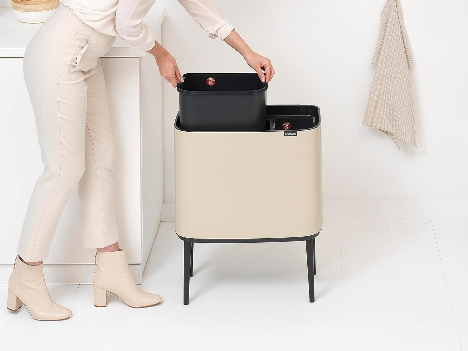image:imageBrabantia Bo Touch Top Kitchen Trash Can with Single Compartment Mineral Gray 16 Gal Inner Bucket SoftClose Garbage Can Light Touch Opening StayOpen Lid Fits Against Wall Trash BagsSoft Beige