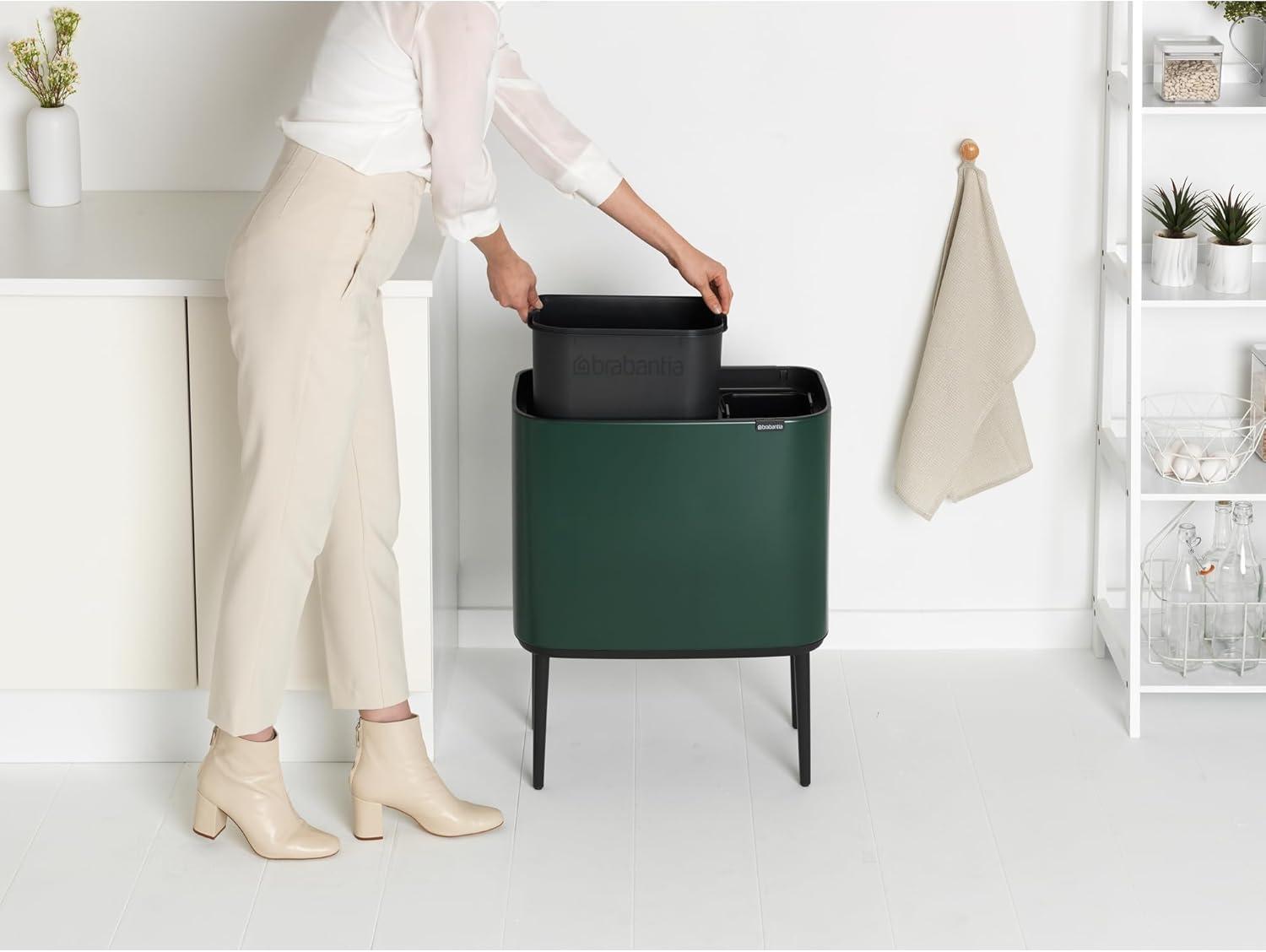 image:imageBrabantia Bo Touch Top Kitchen Trash Can with Single Compartment Mineral Gray 16 Gal Inner Bucket SoftClose Garbage Can Light Touch Opening StayOpen Lid Fits Against Wall Trash BagsPine Green
