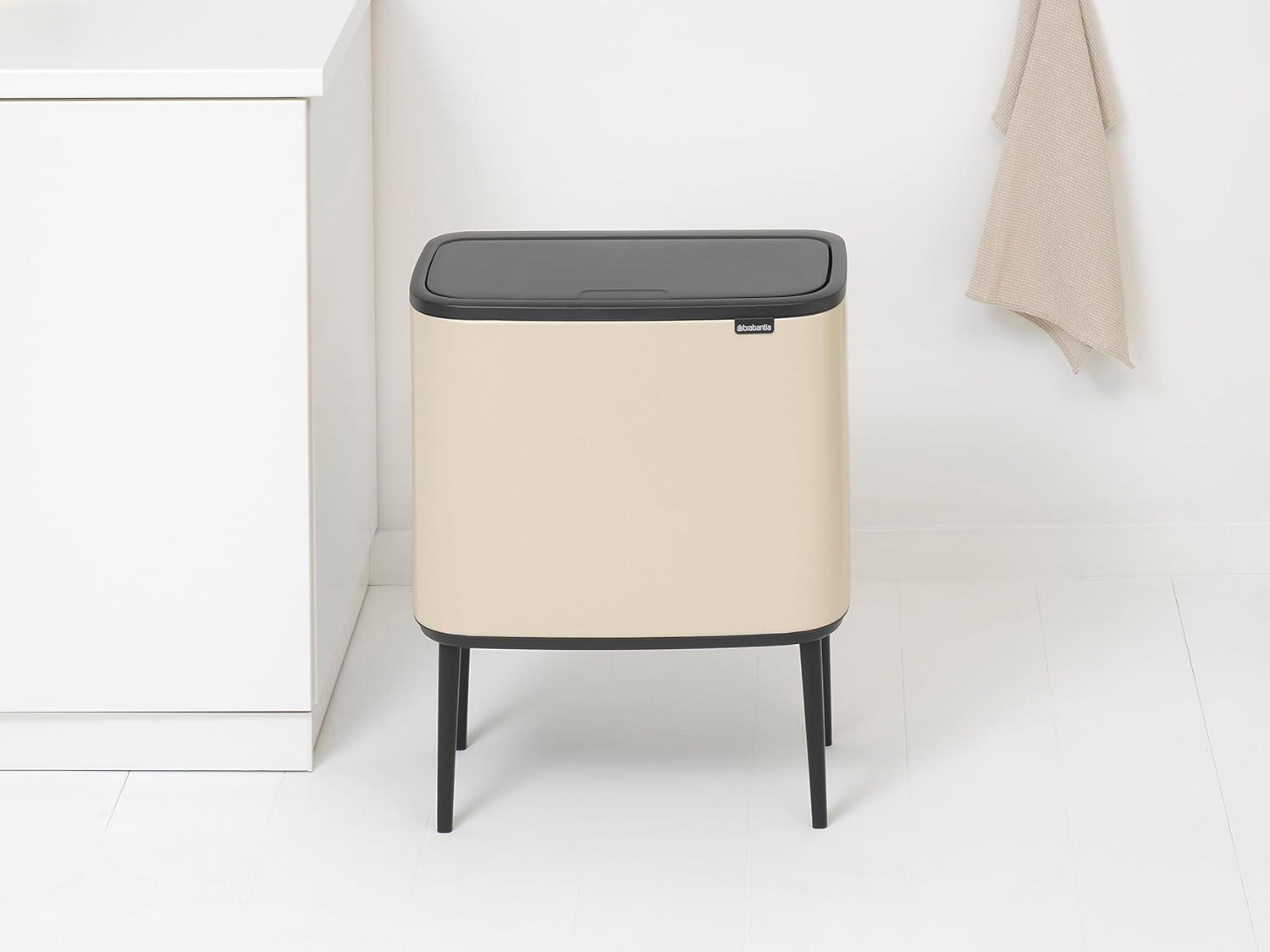 image:imageBrabantia Bo Touch Top Kitchen Trash Can with Single Compartment Mineral Gray 16 Gal Inner Bucket SoftClose Garbage Can Light Touch Opening StayOpen Lid Fits Against Wall Trash BagsSoft Beige