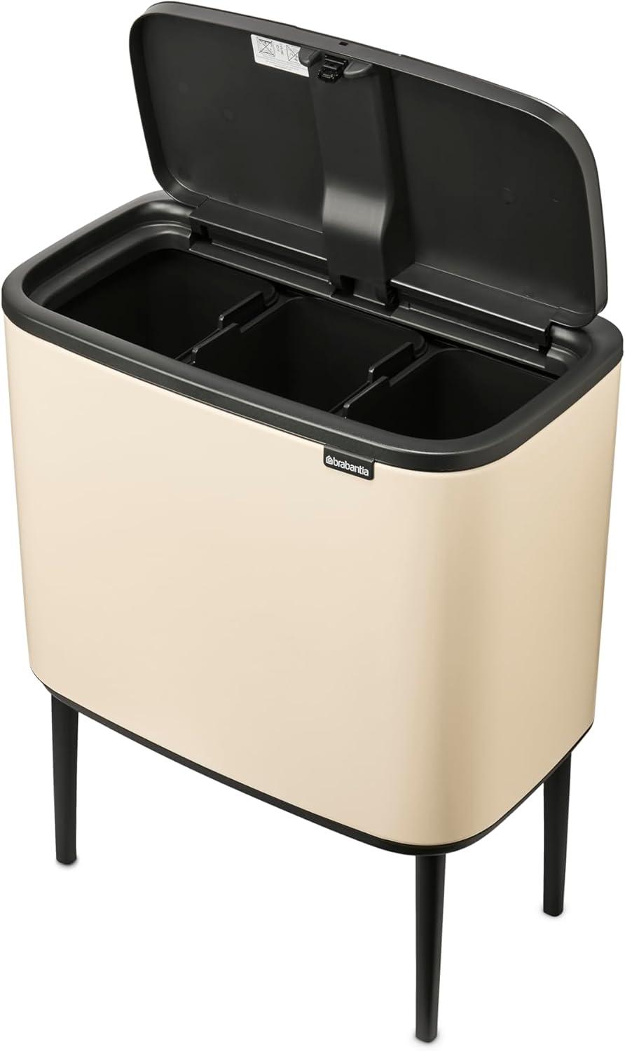 image:imageBrabantia Bo Touch Top Kitchen Trash Can with Single Compartment Mineral Gray 16 Gal Inner Bucket SoftClose Garbage Can Light Touch Opening StayOpen Lid Fits Against Wall Trash BagsSoft Beige