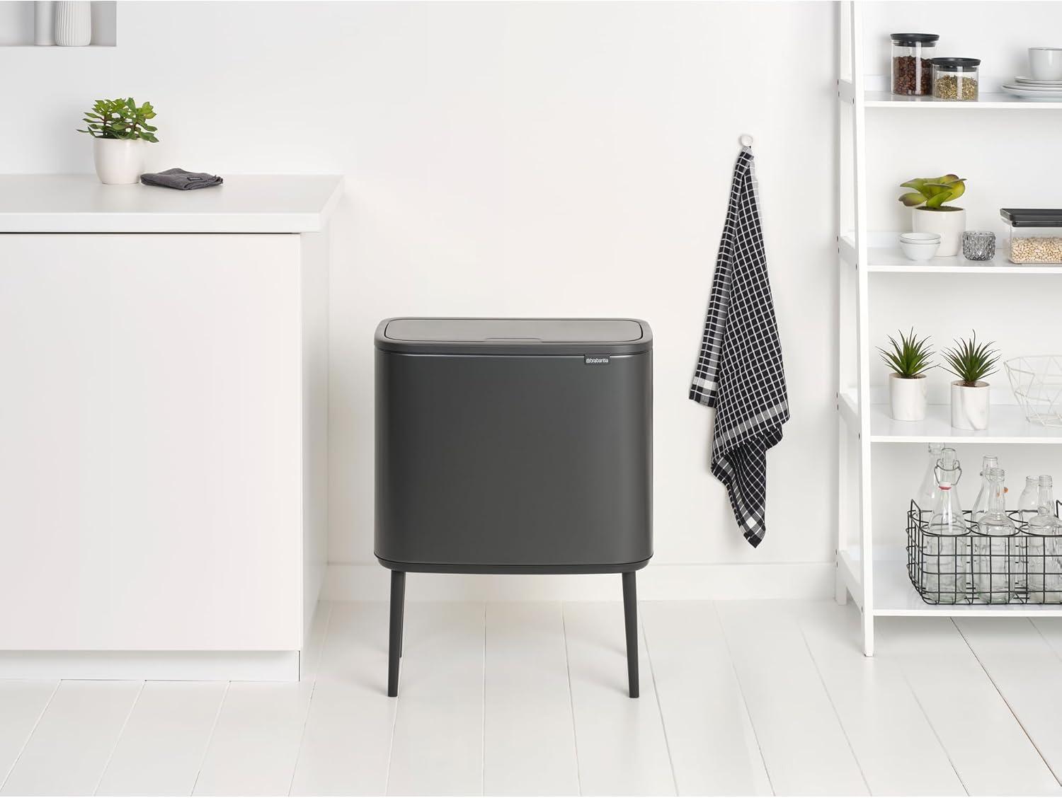 image:imageBrabantia Bo Touch Top Kitchen Trash Can with Single Compartment Mineral Gray 16 Gal Inner Bucket SoftClose Garbage Can Light Touch Opening StayOpen Lid Fits Against Wall Trash BagsConfident Gray