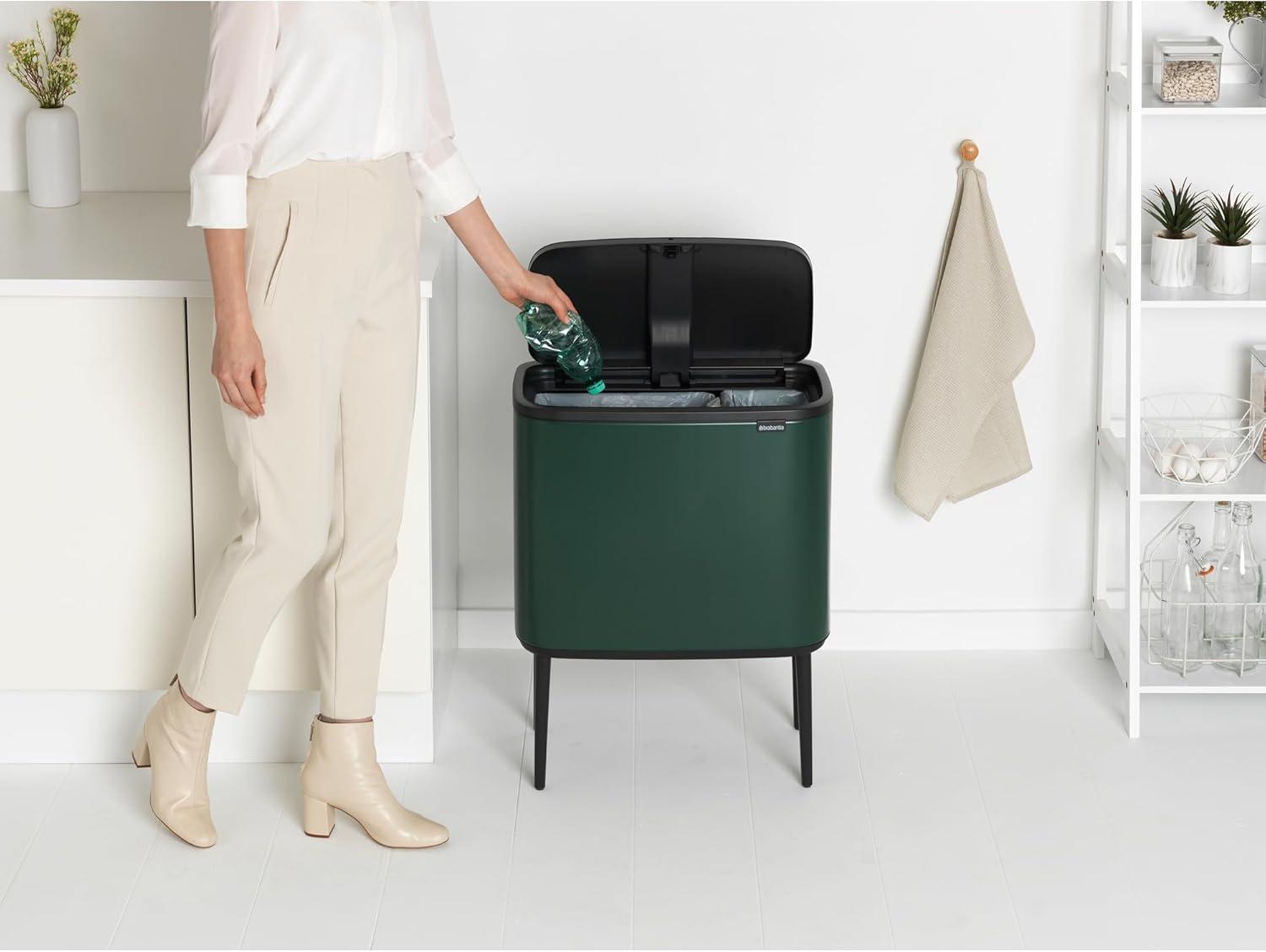 image:imageBrabantia Bo Touch Top Kitchen Trash Can with Single Compartment Mineral Gray 16 Gal Inner Bucket SoftClose Garbage Can Light Touch Opening StayOpen Lid Fits Against Wall Trash BagsPine Green