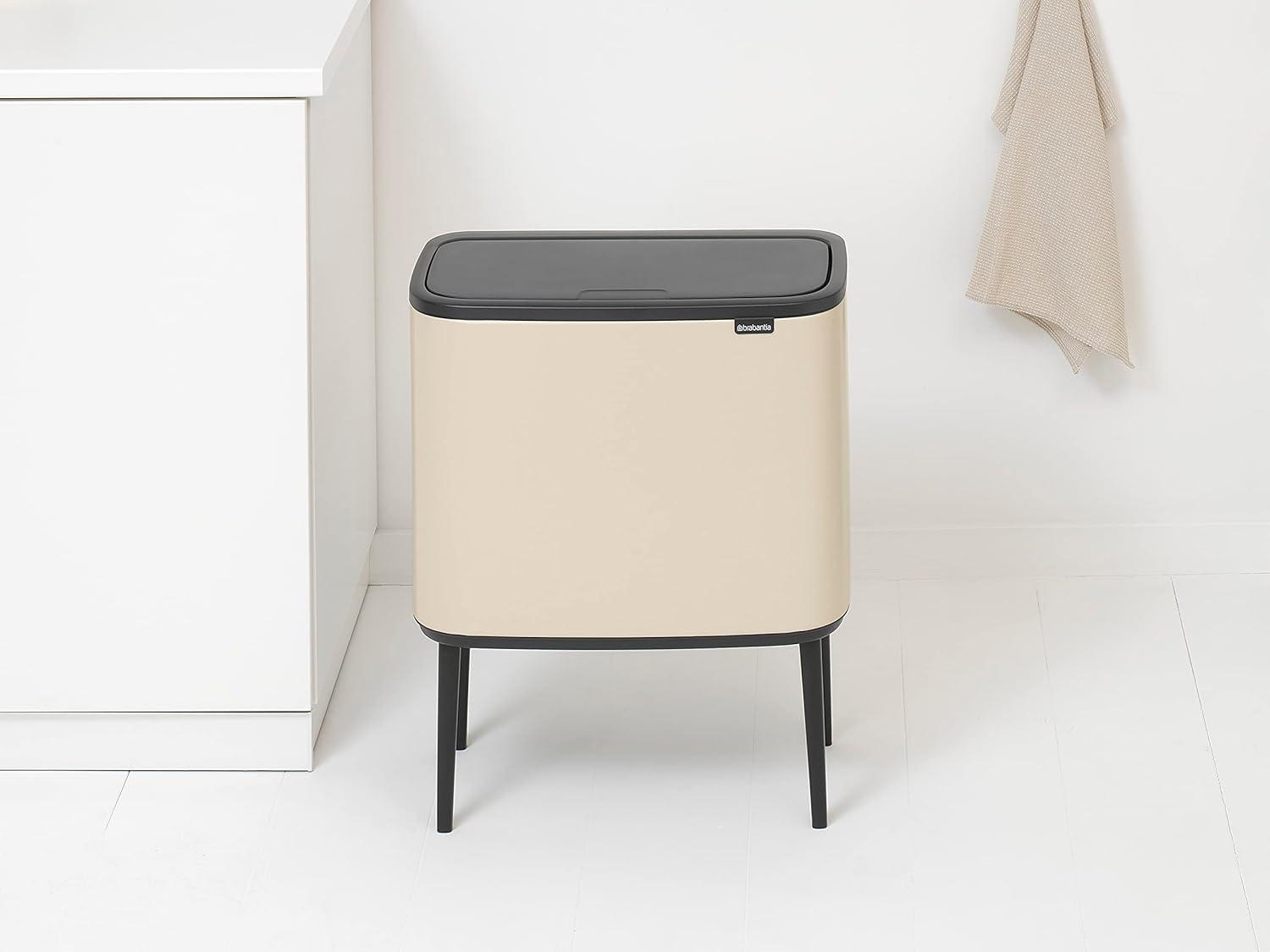 image:imageBrabantia Bo Touch Top Kitchen Trash Can with Single Compartment Mineral Gray 16 Gal Inner Bucket SoftClose Garbage Can Light Touch Opening StayOpen Lid Fits Against Wall Trash BagsSoft Beige