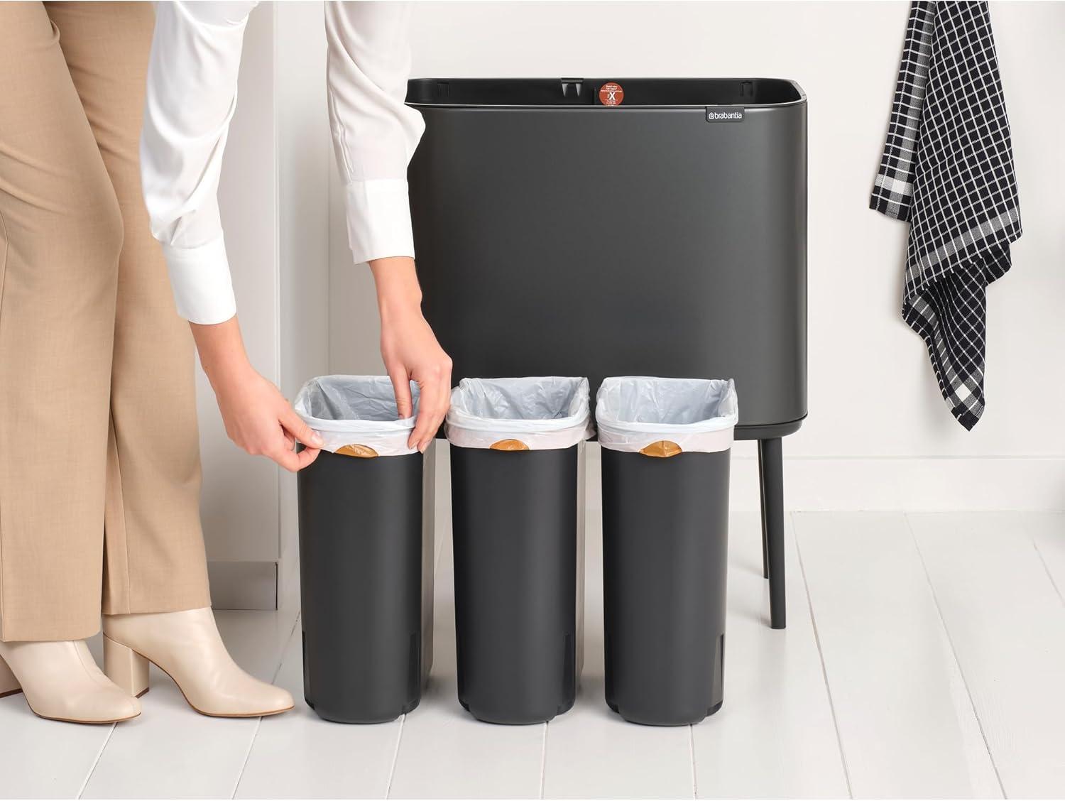 image:imageBrabantia Bo Touch Top Kitchen Trash Can with Single Compartment Mineral Gray 16 Gal Inner Bucket SoftClose Garbage Can Light Touch Opening StayOpen Lid Fits Against Wall Trash BagsConfident Gray