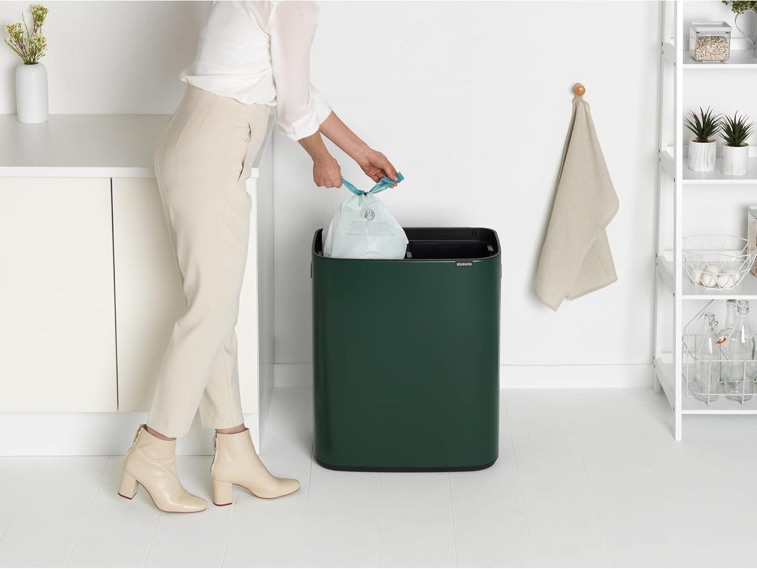 image:imageBrabantia Bo Touch Top Kitchen Trash Can with Single Compartment Mineral Gray 16 Gal Inner Bucket SoftClose Garbage Can Light Touch Opening StayOpen Lid Fits Against Wall Trash BagsPine Green